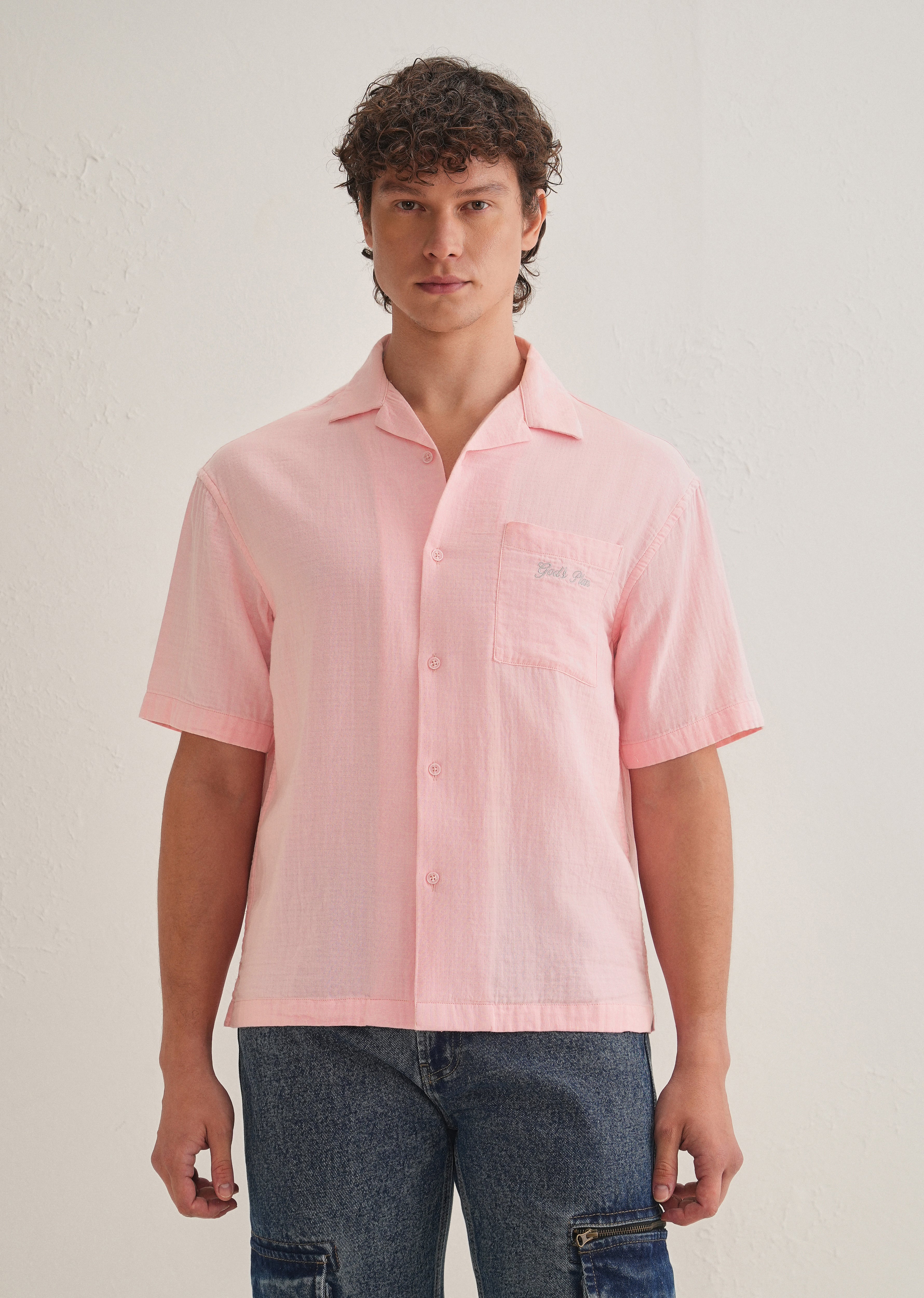 Pink Embroidered Double Cloth Cotton Shirt