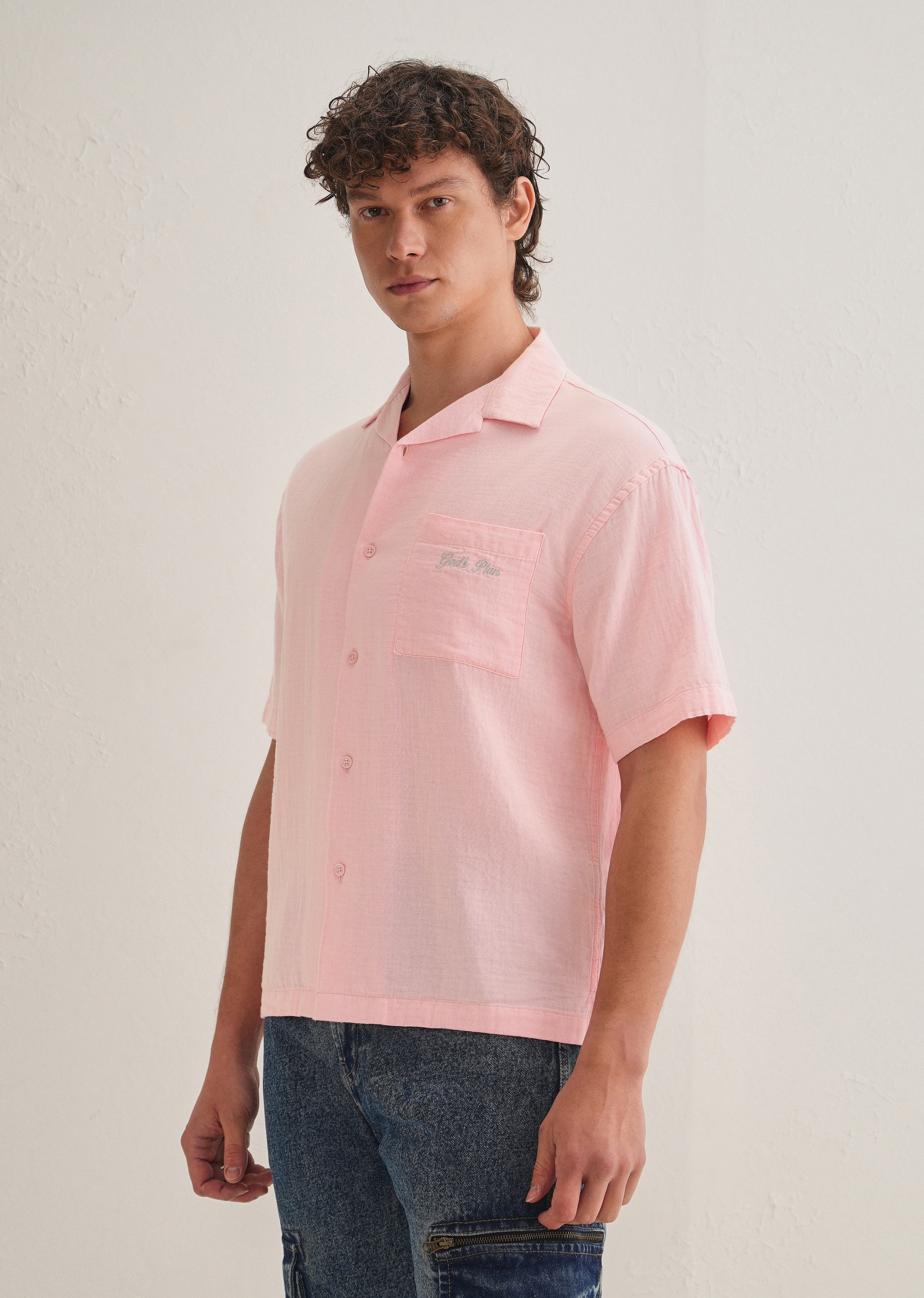 Pink Embroidered Double Cloth Cotton Shirt
