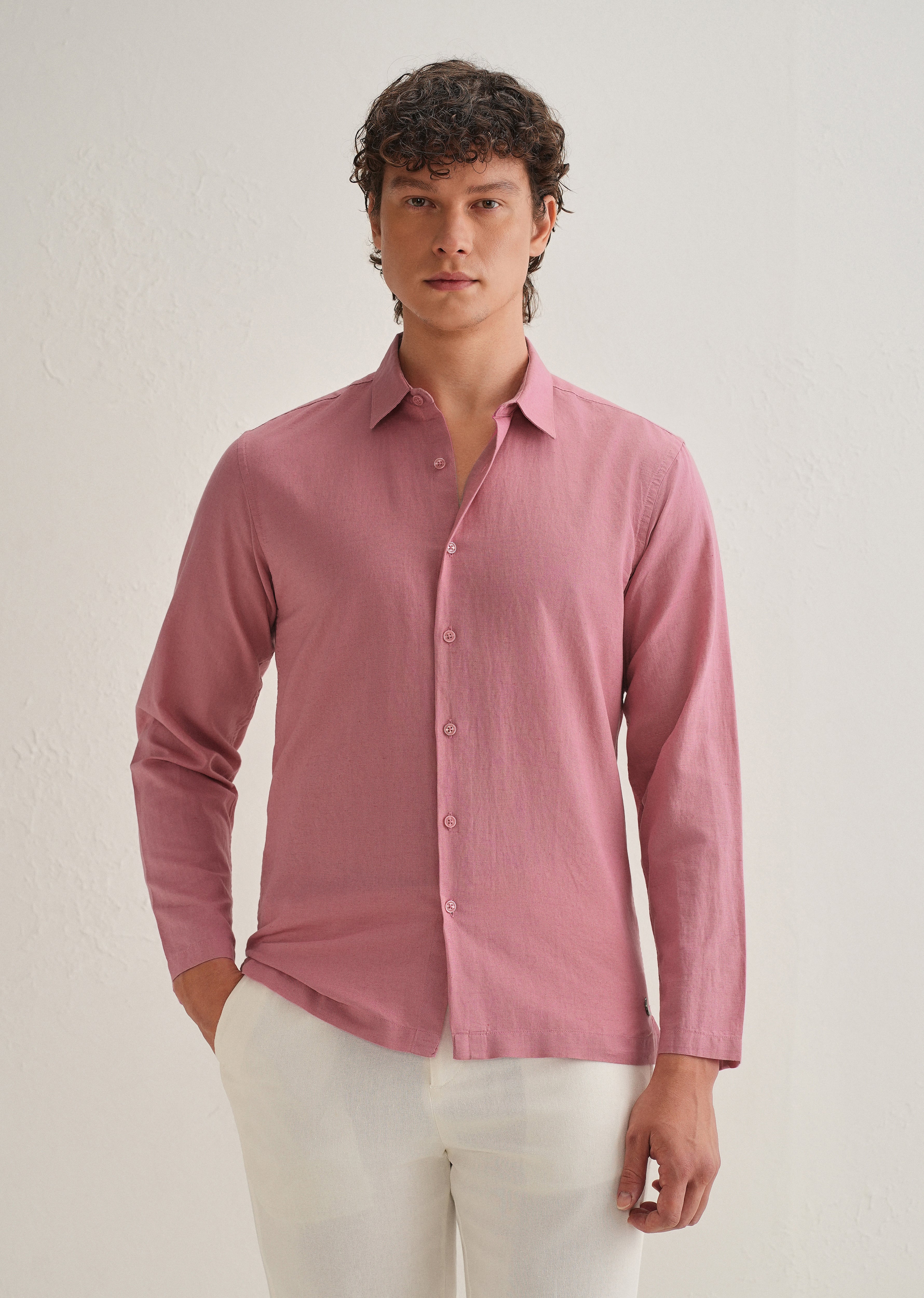 Pink Hidden Sleeve Placket Cotton Linen Shirt