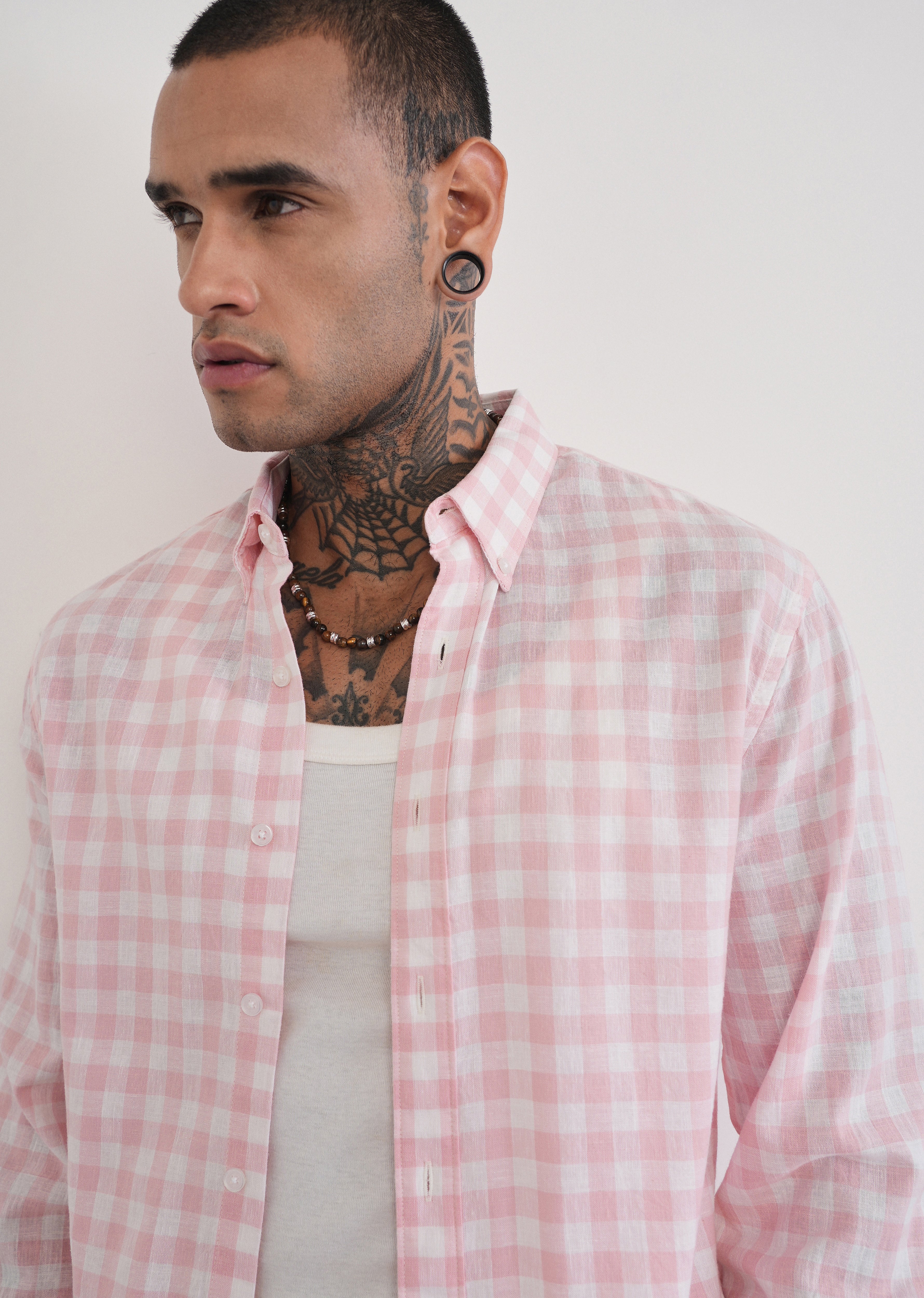 Pink Lyocell Linen Blend Check Shirt