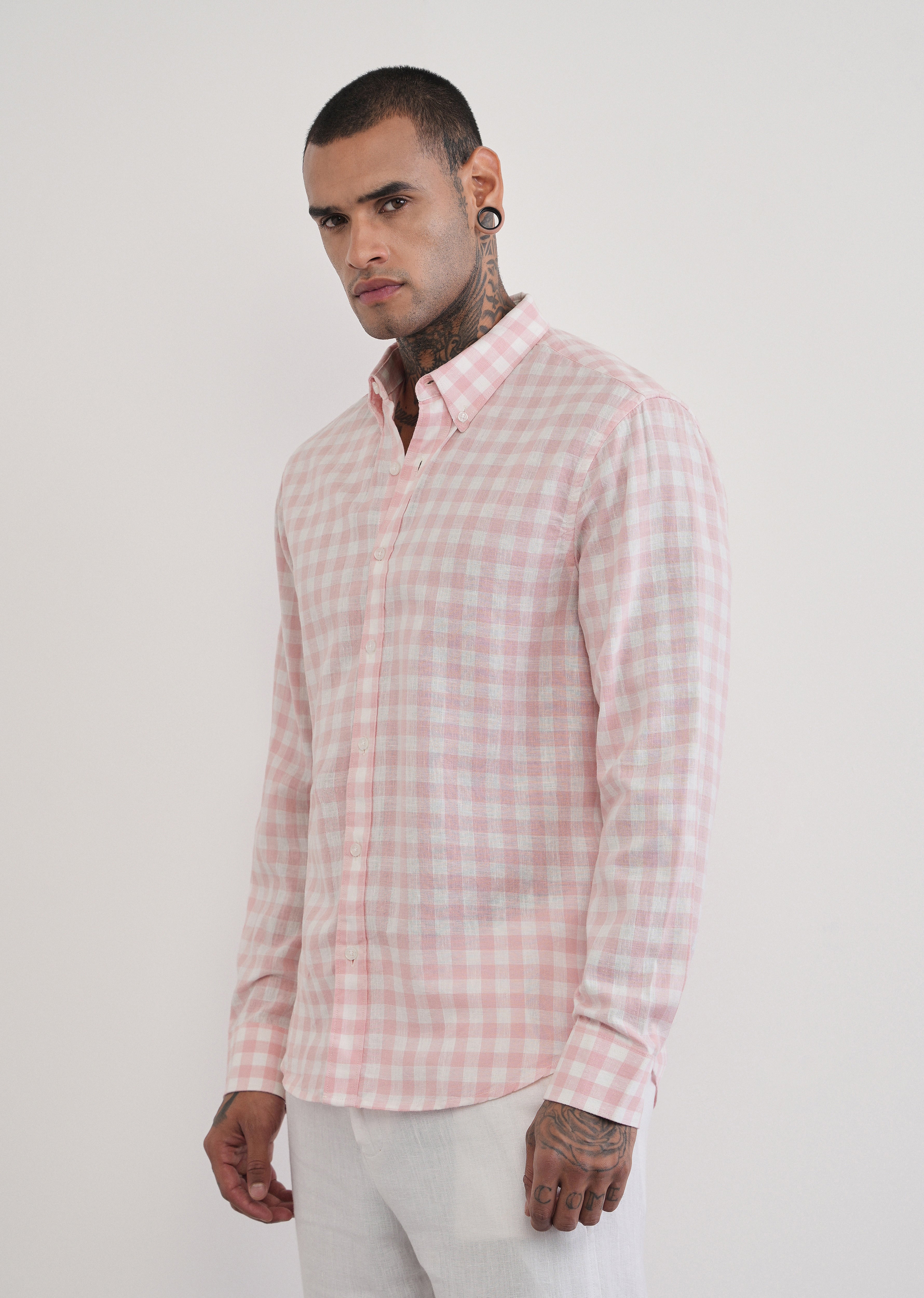 Pink Lyocell Linen Blend Check Shirt