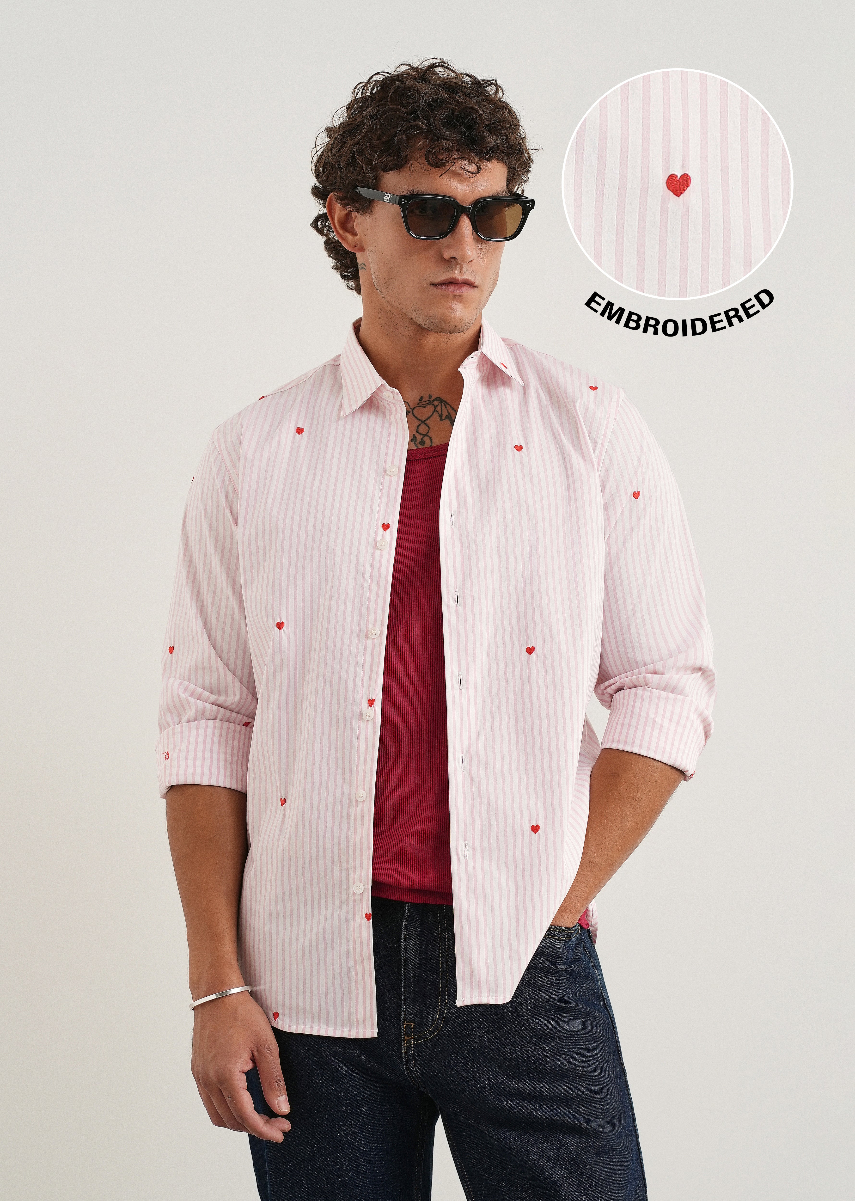 Pink Mini Heart Embroidered Stripe Shirt
