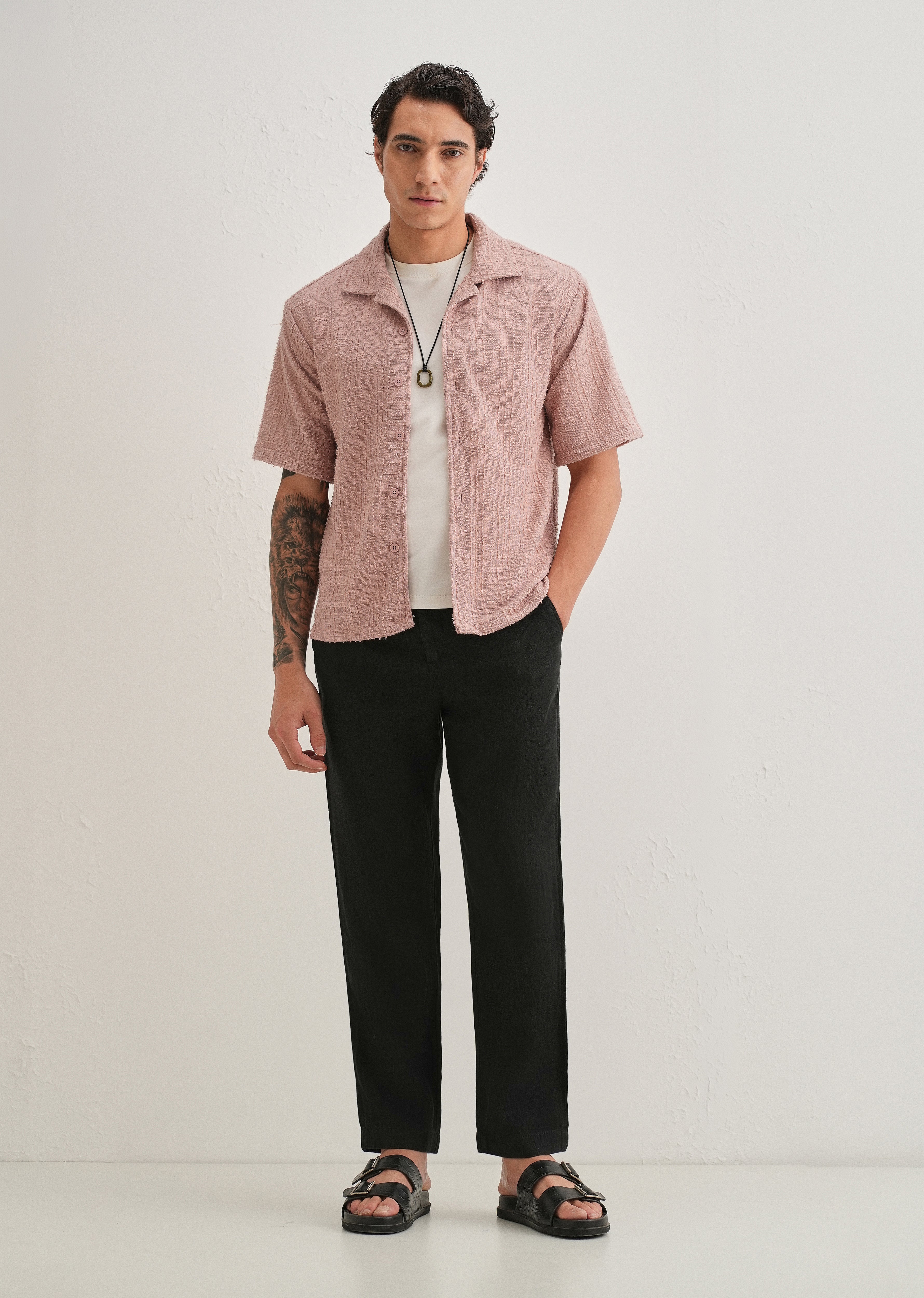 Pink Plain Cuban Collar Knitted Shirt
