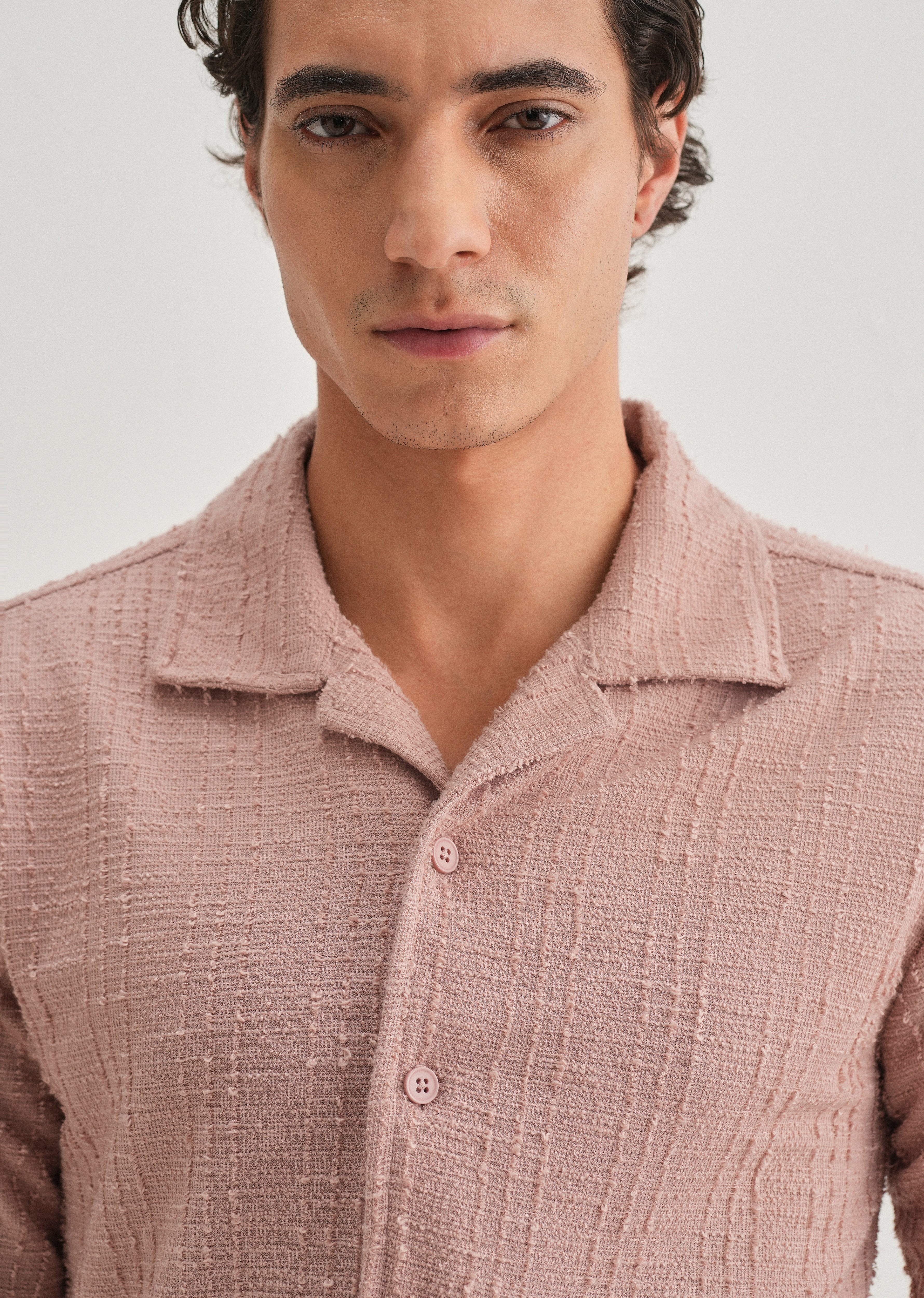 Pink Plain Cuban Collar Knitted Shirt
