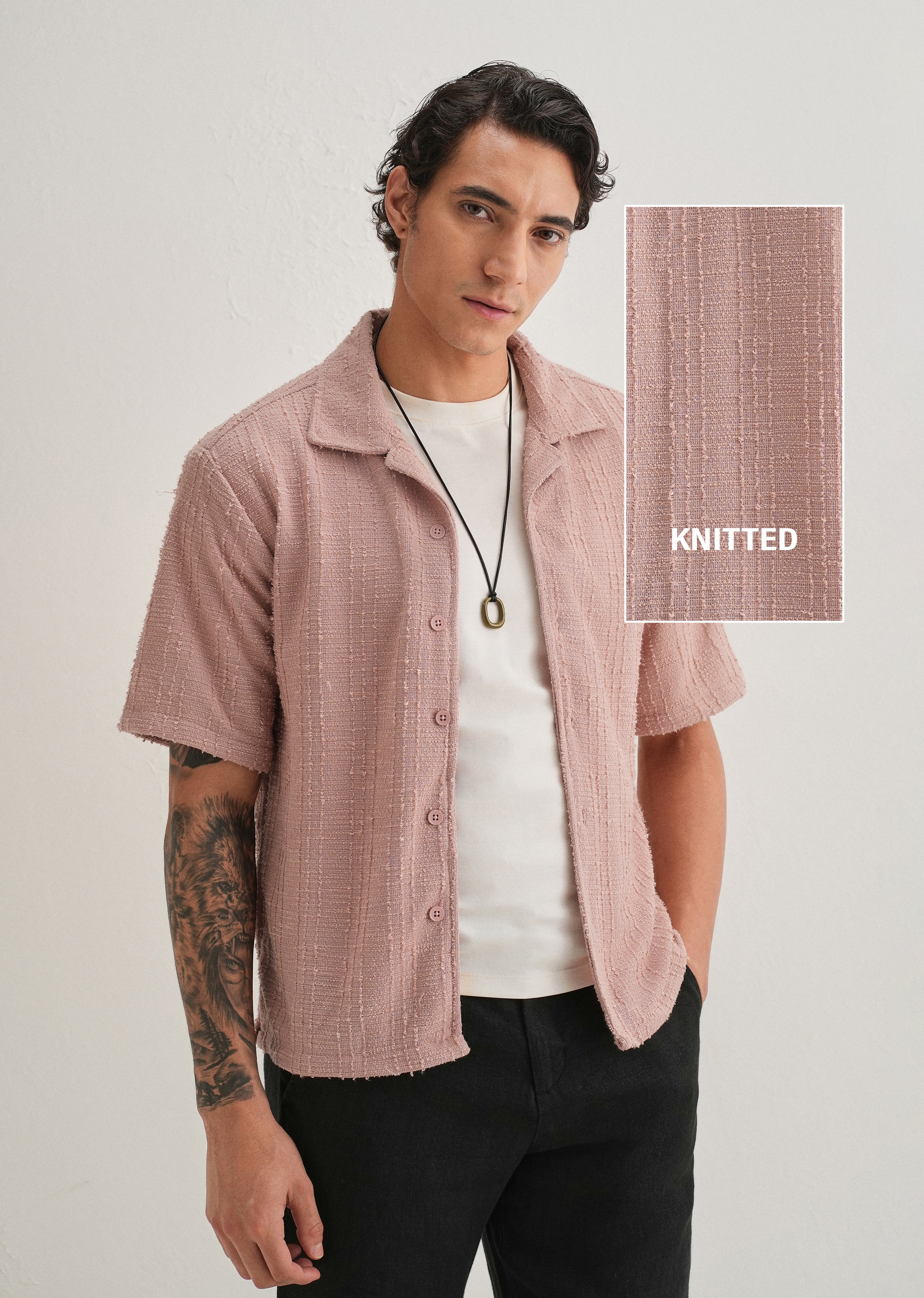 Pink Plain Cuban Collar Knitted Shirt