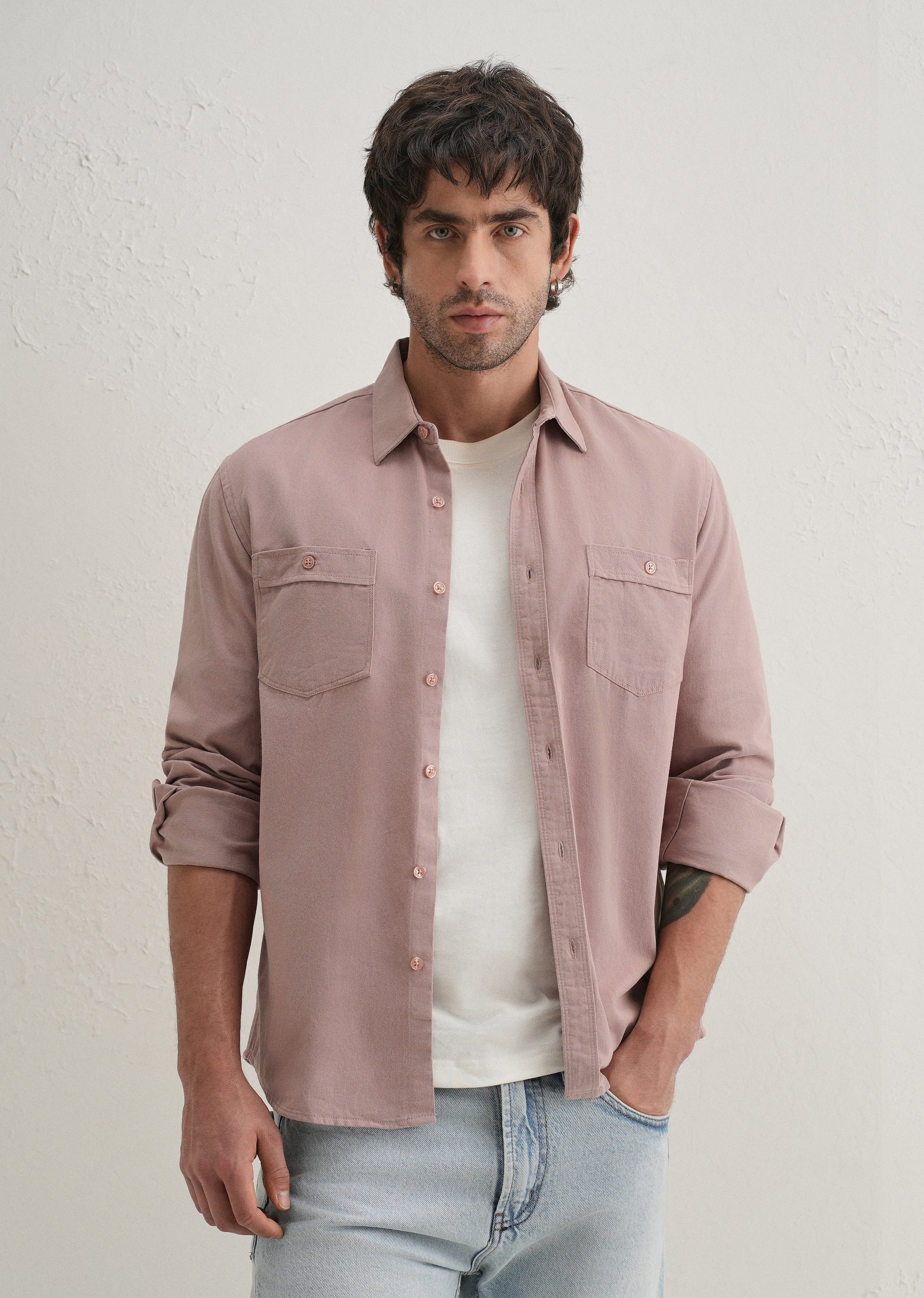 Pink Plain Double Pocket Shirt