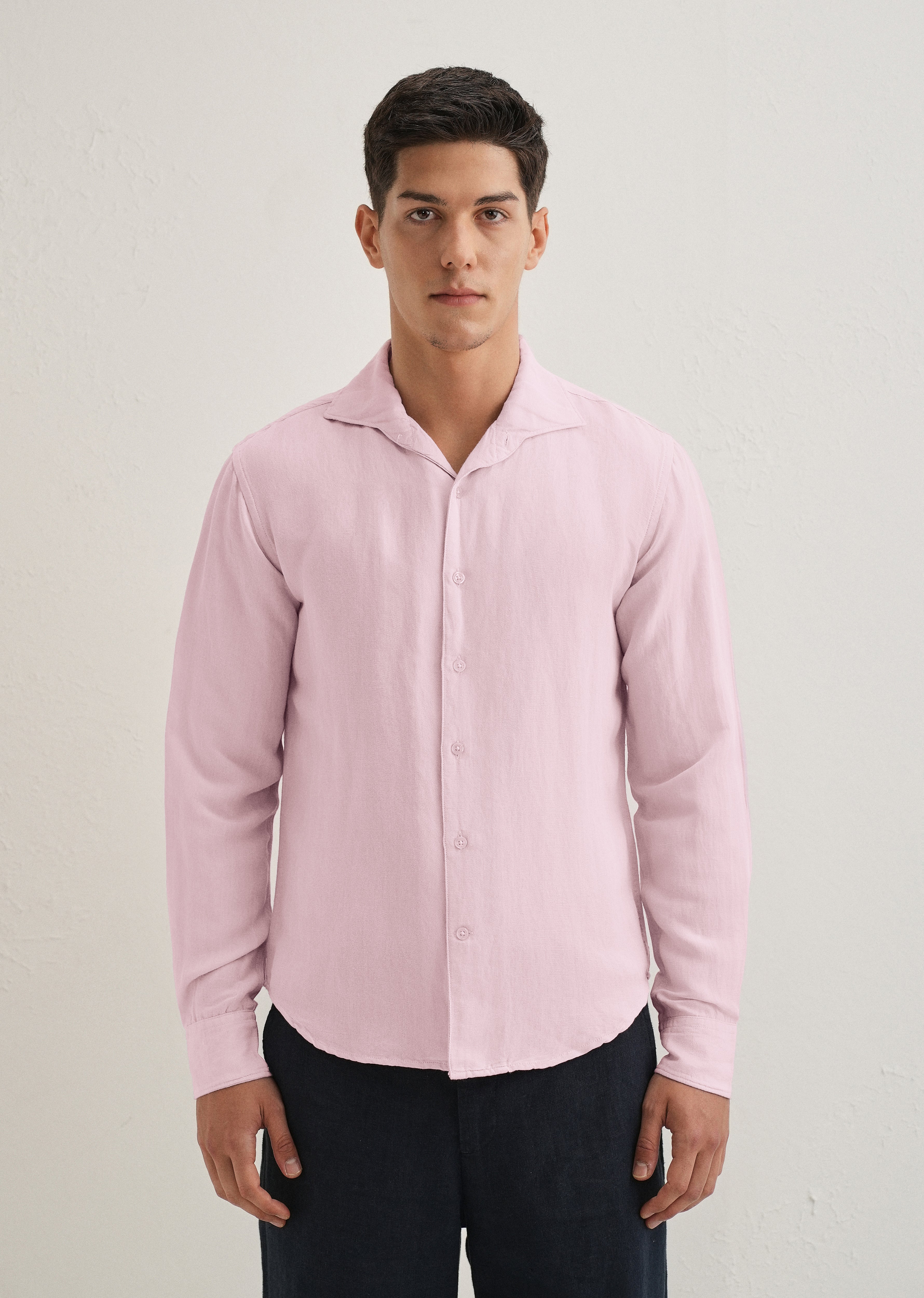 Pink Plain Linen Blend Shirt