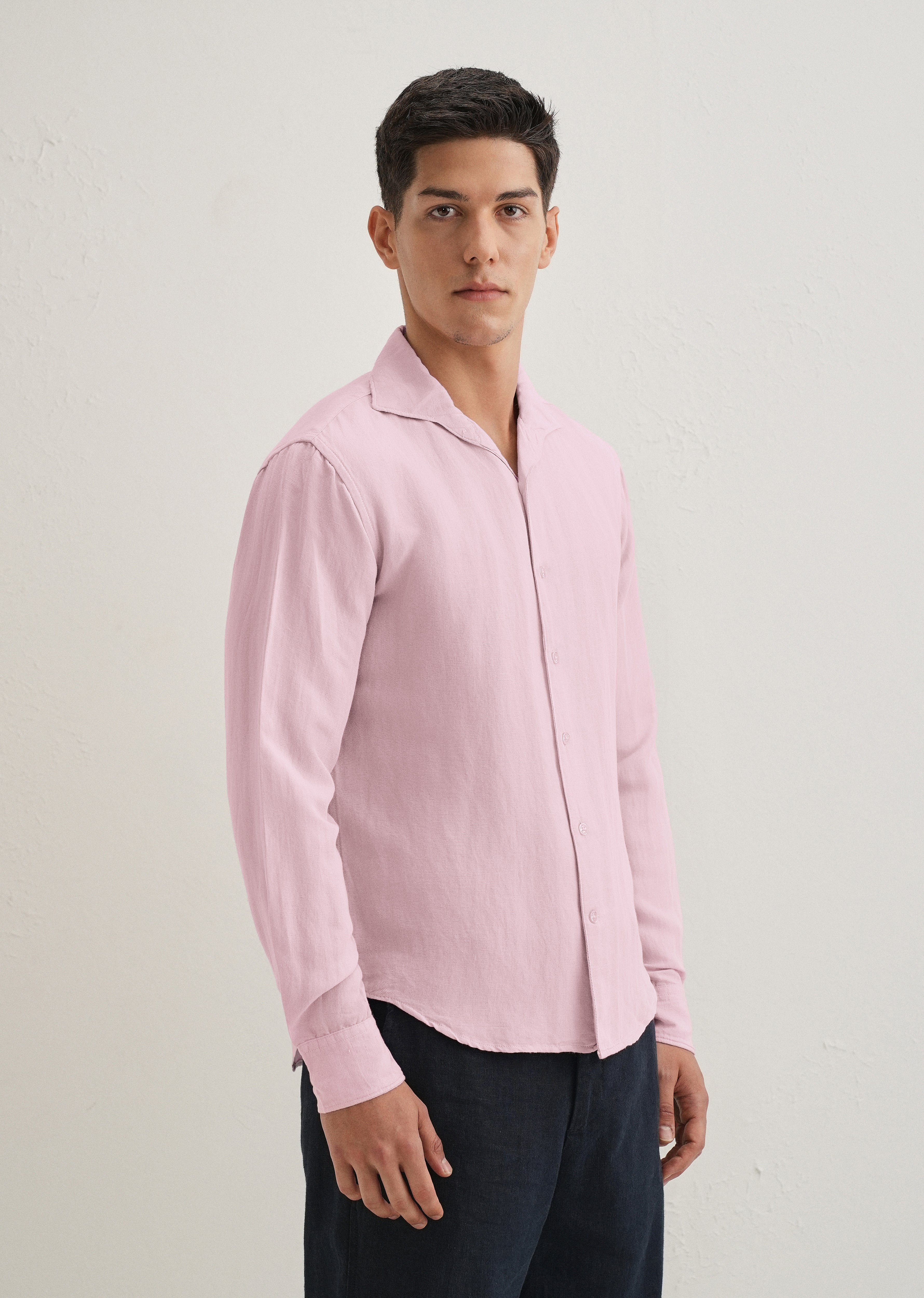 Pink Plain Linen Blend Shirt