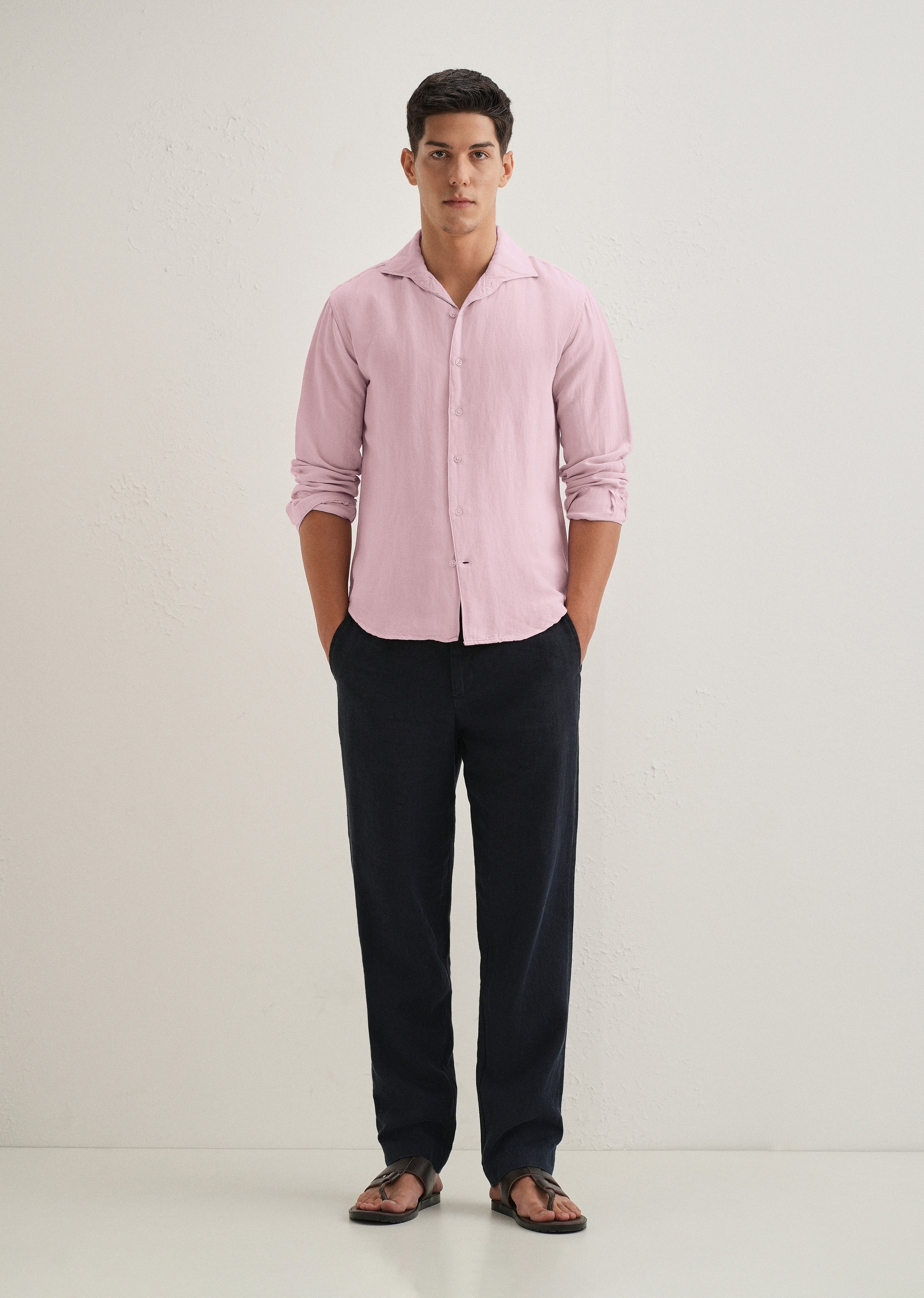 Pink Plain Linen Blend Shirt