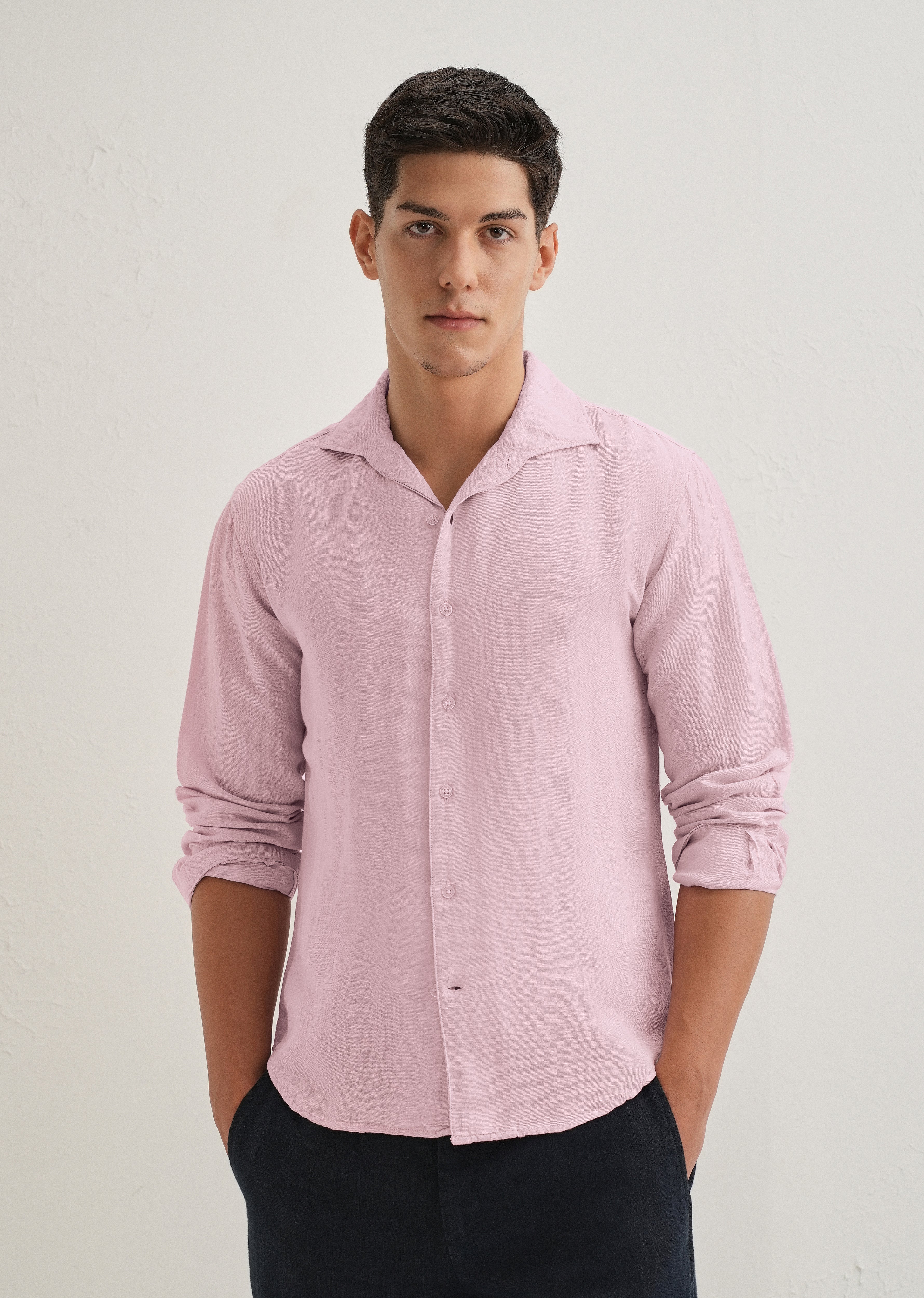 Pink Plain Linen Blend Shirt