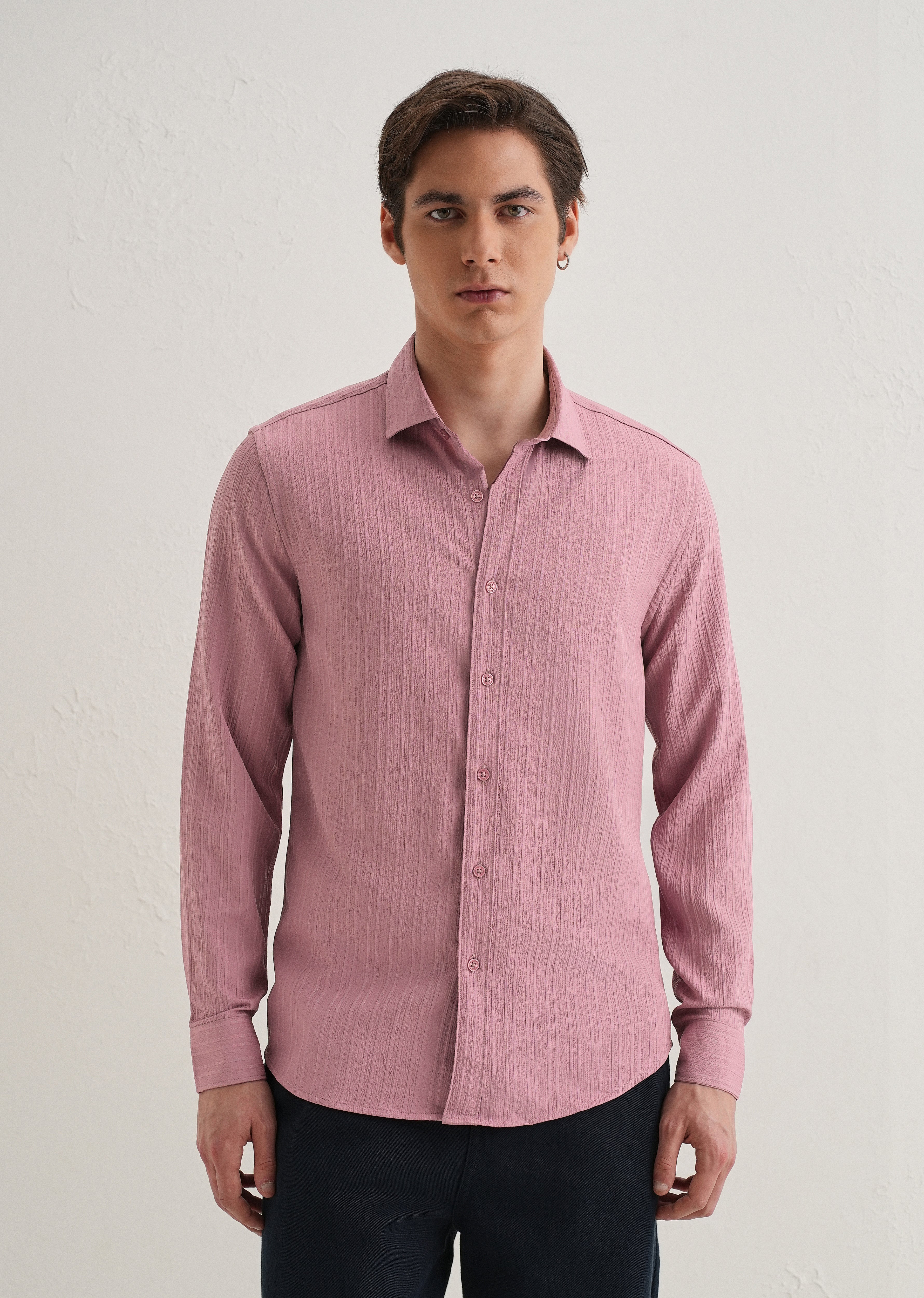 Pink Plain Self Striped Shirt
