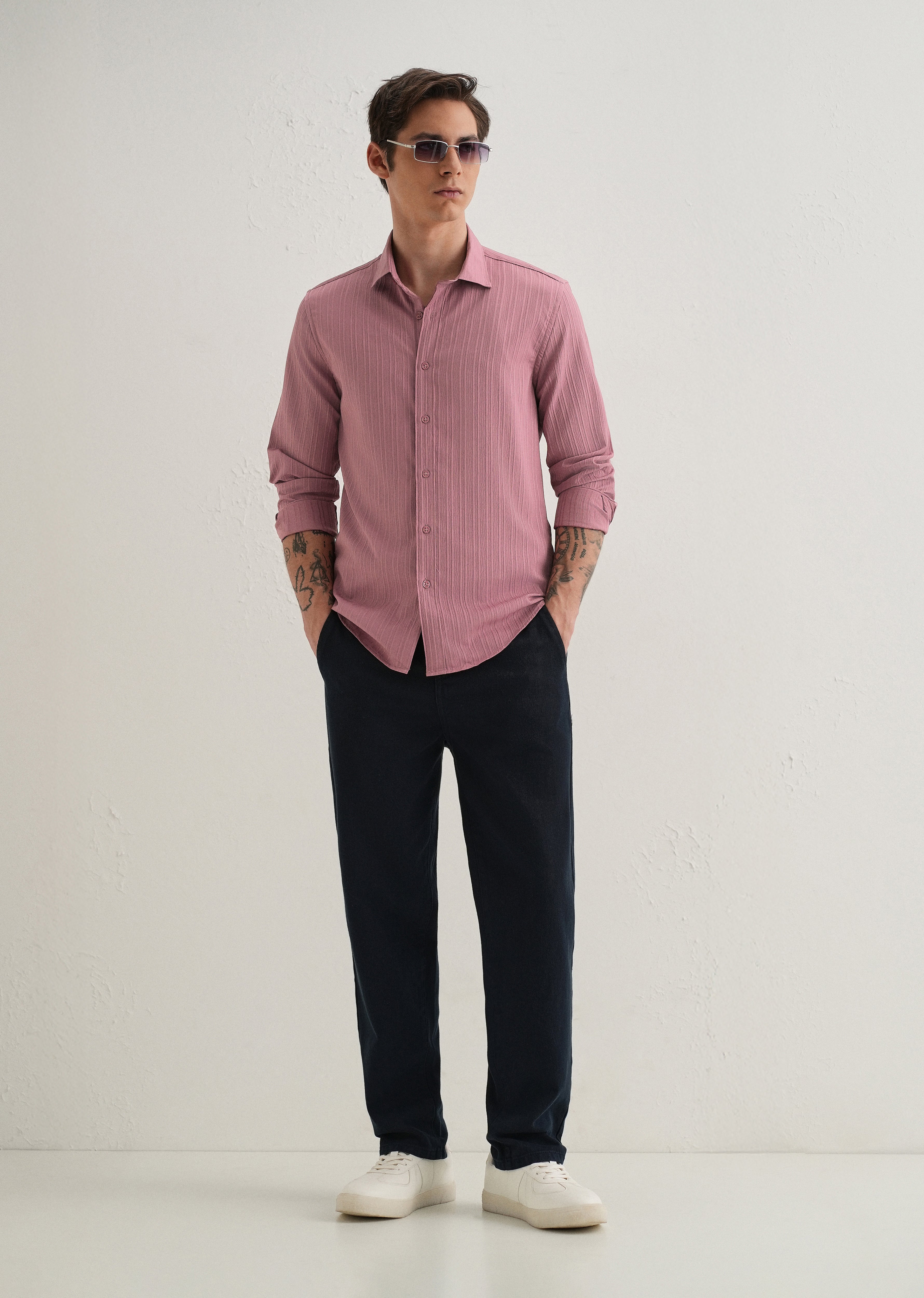 Pink Plain Self Striped Shirt