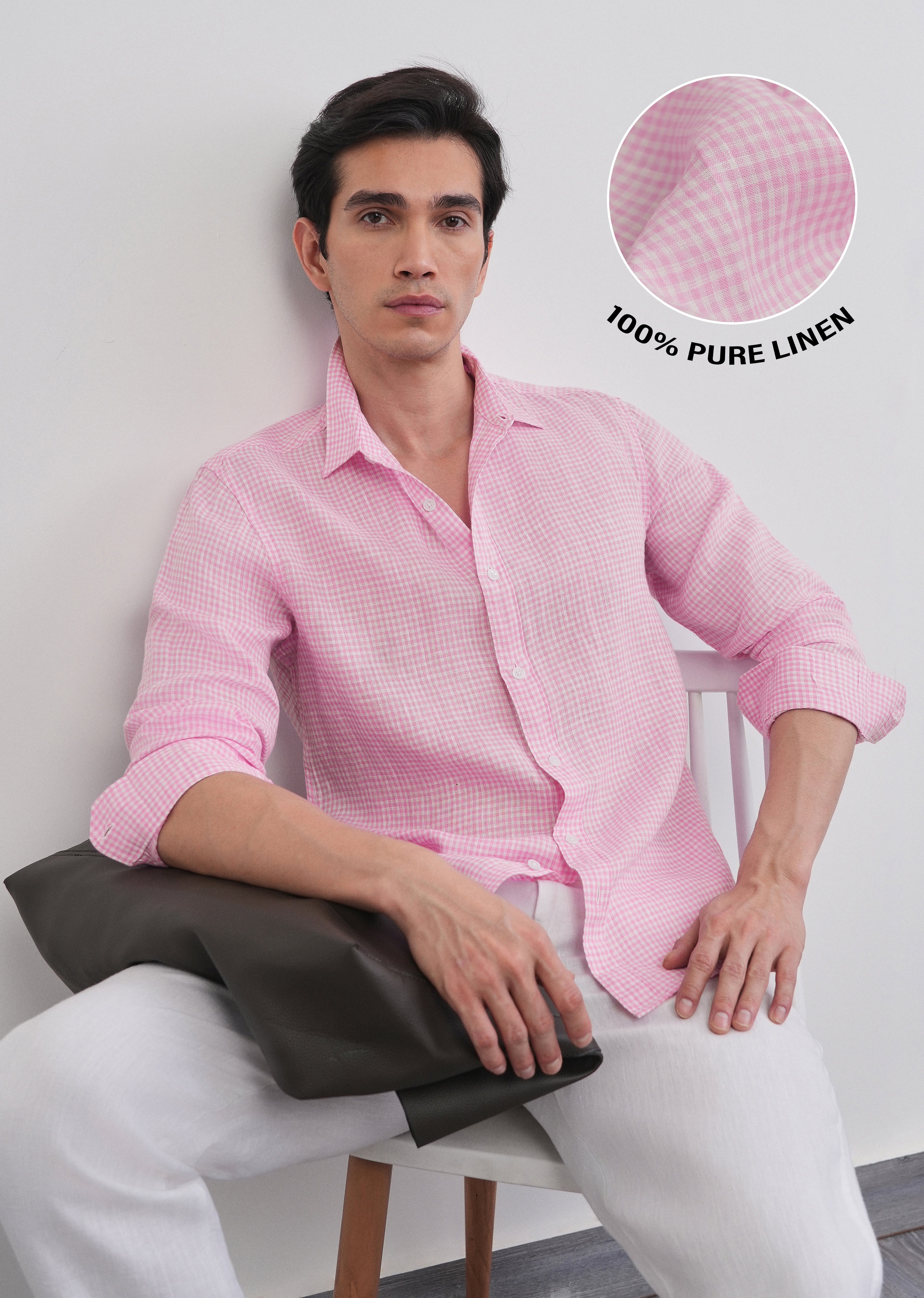 Pink 100% Pure Linen Gingham Check Shirt