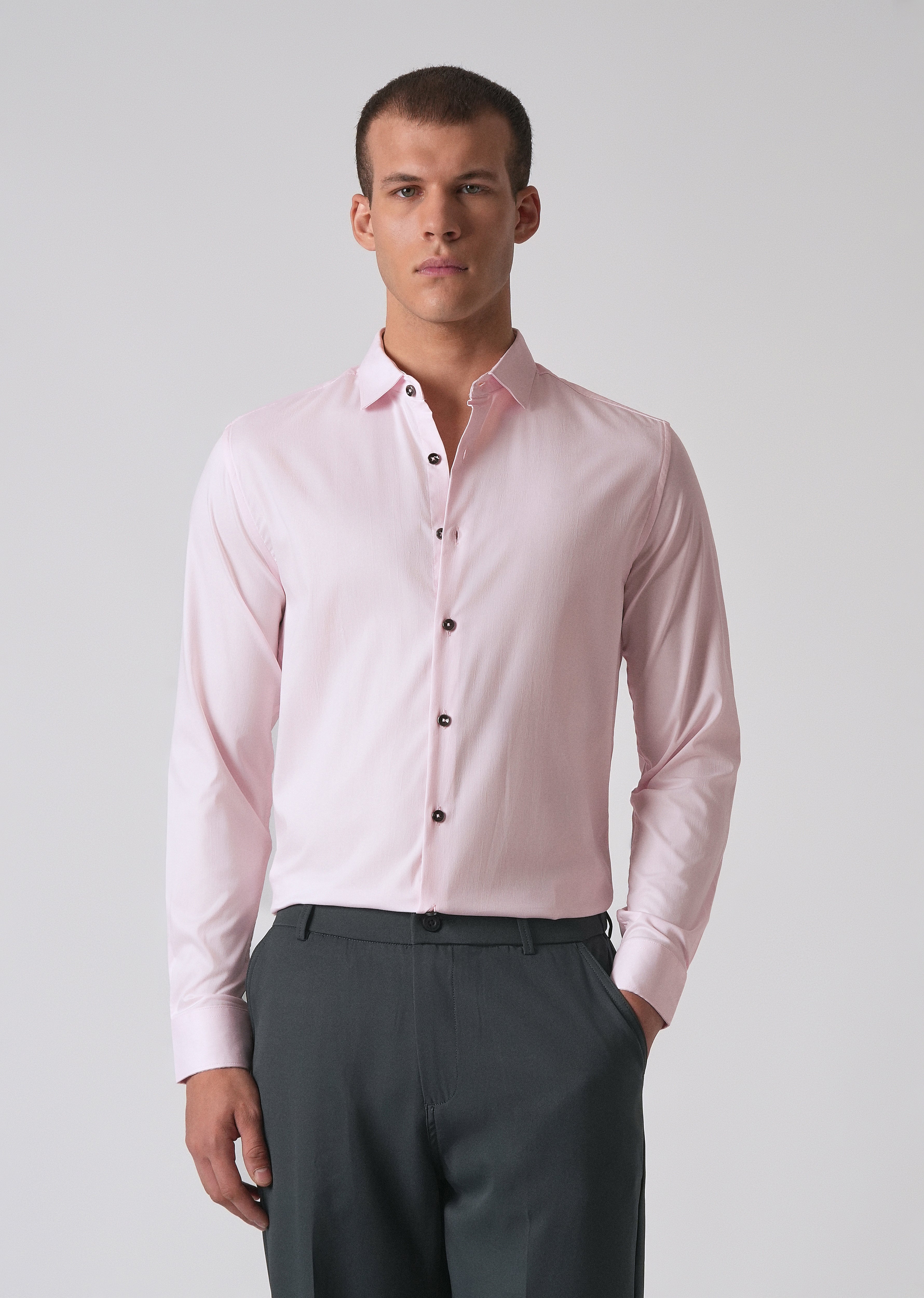 Light Pink Cotton Stretch Plain Shirt