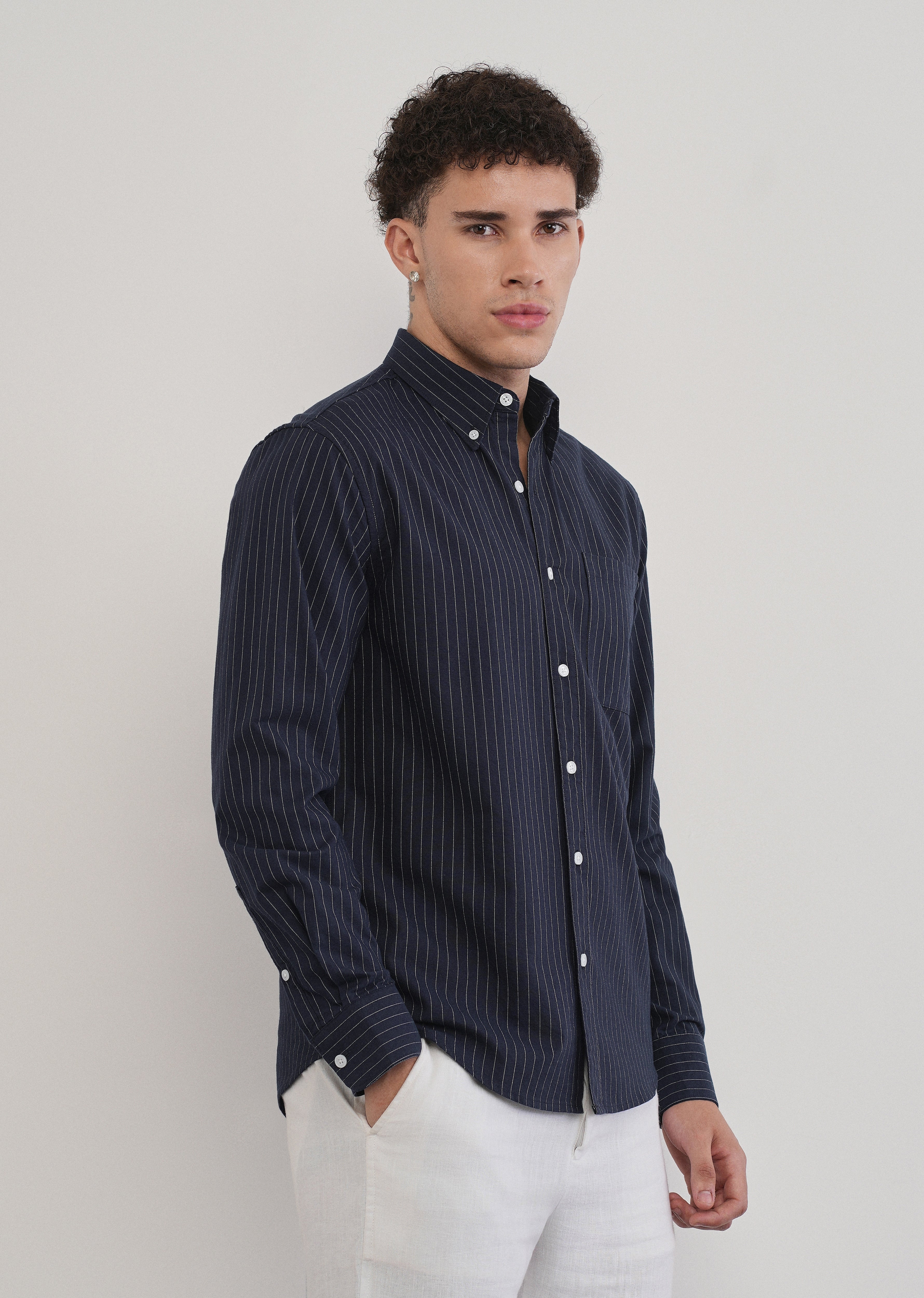 Pinstriped Navy Blue Cotton Shirt