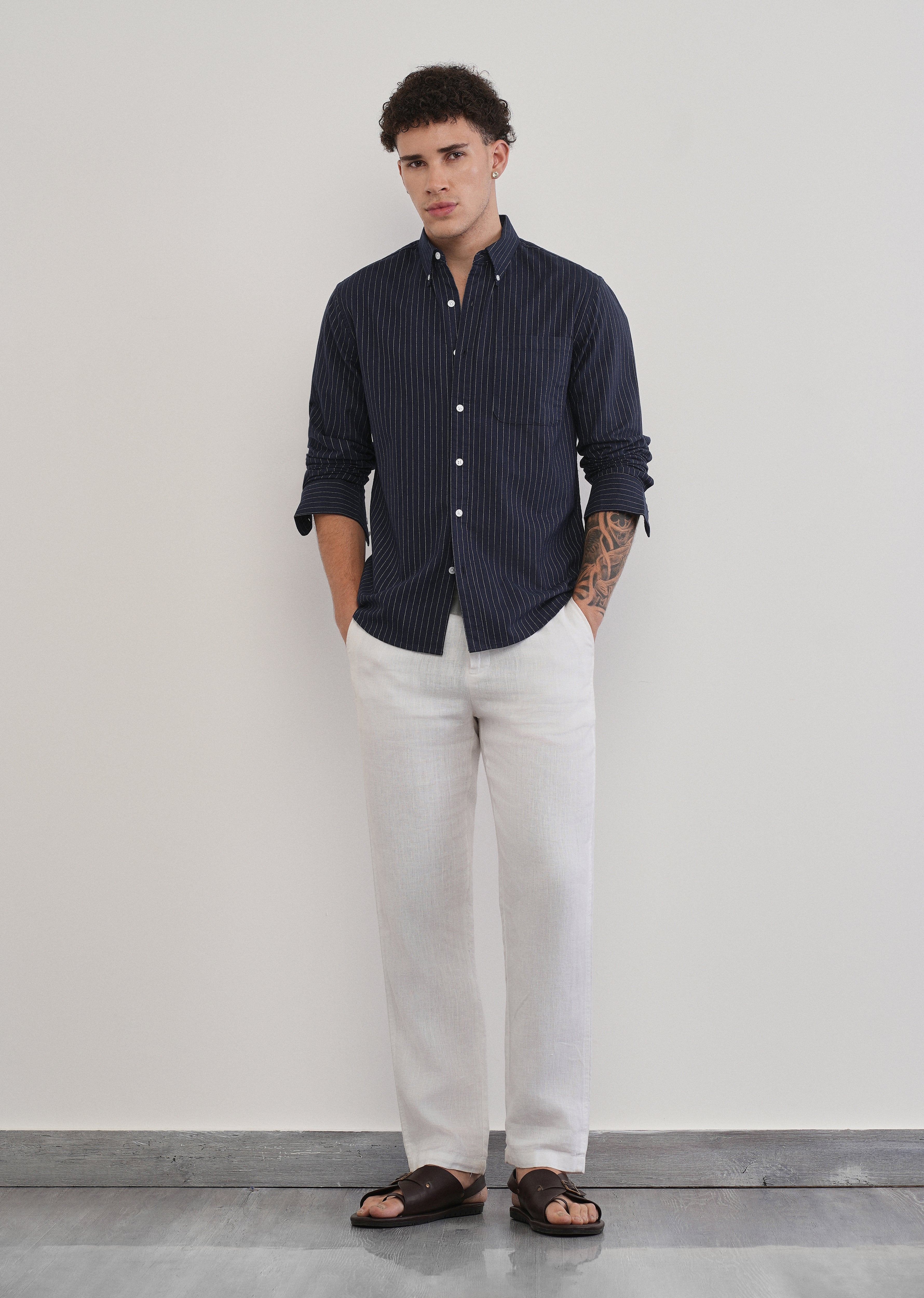 Pinstriped Navy Blue Cotton Shirt