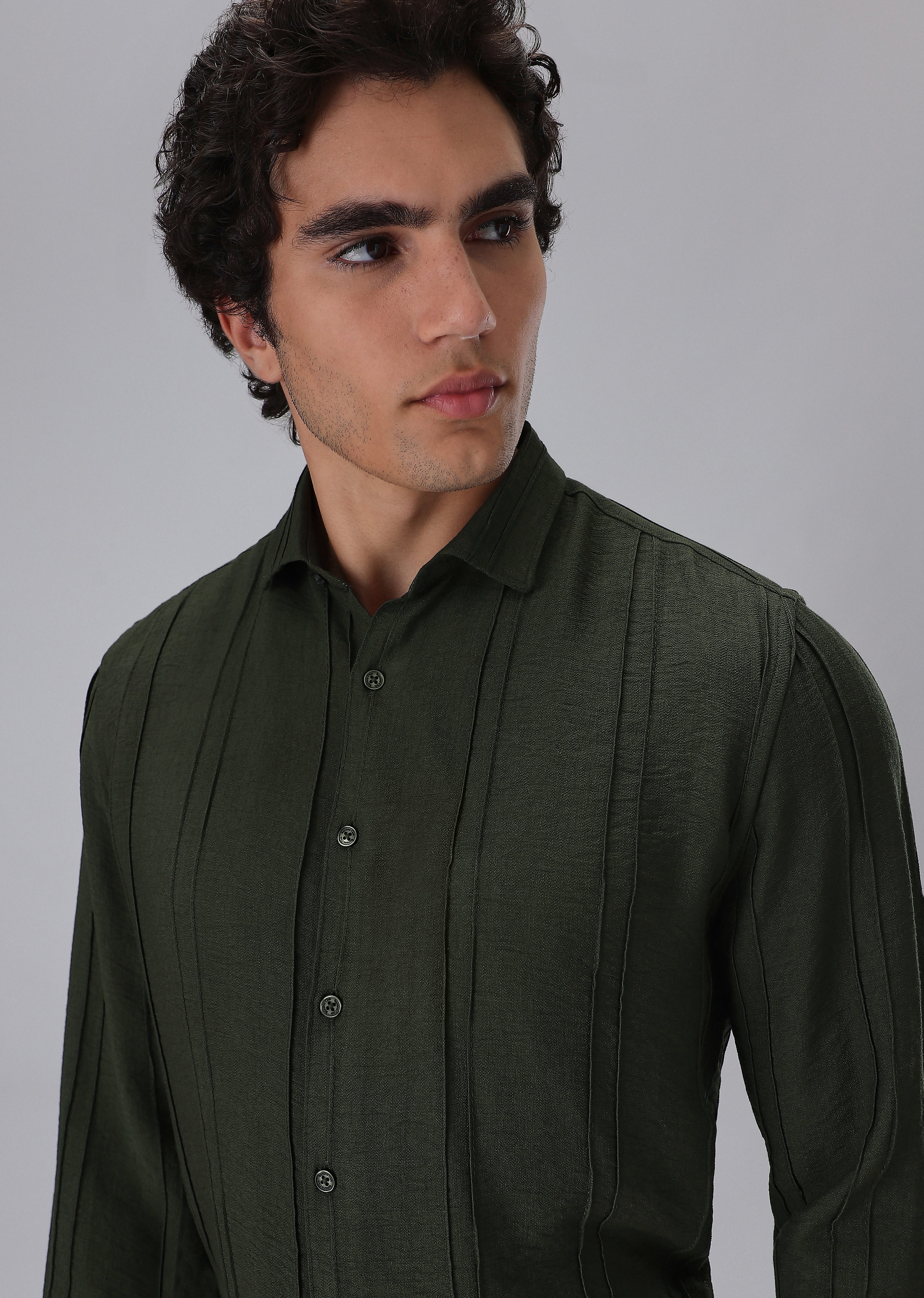 Pintucked Green Plain Shirt