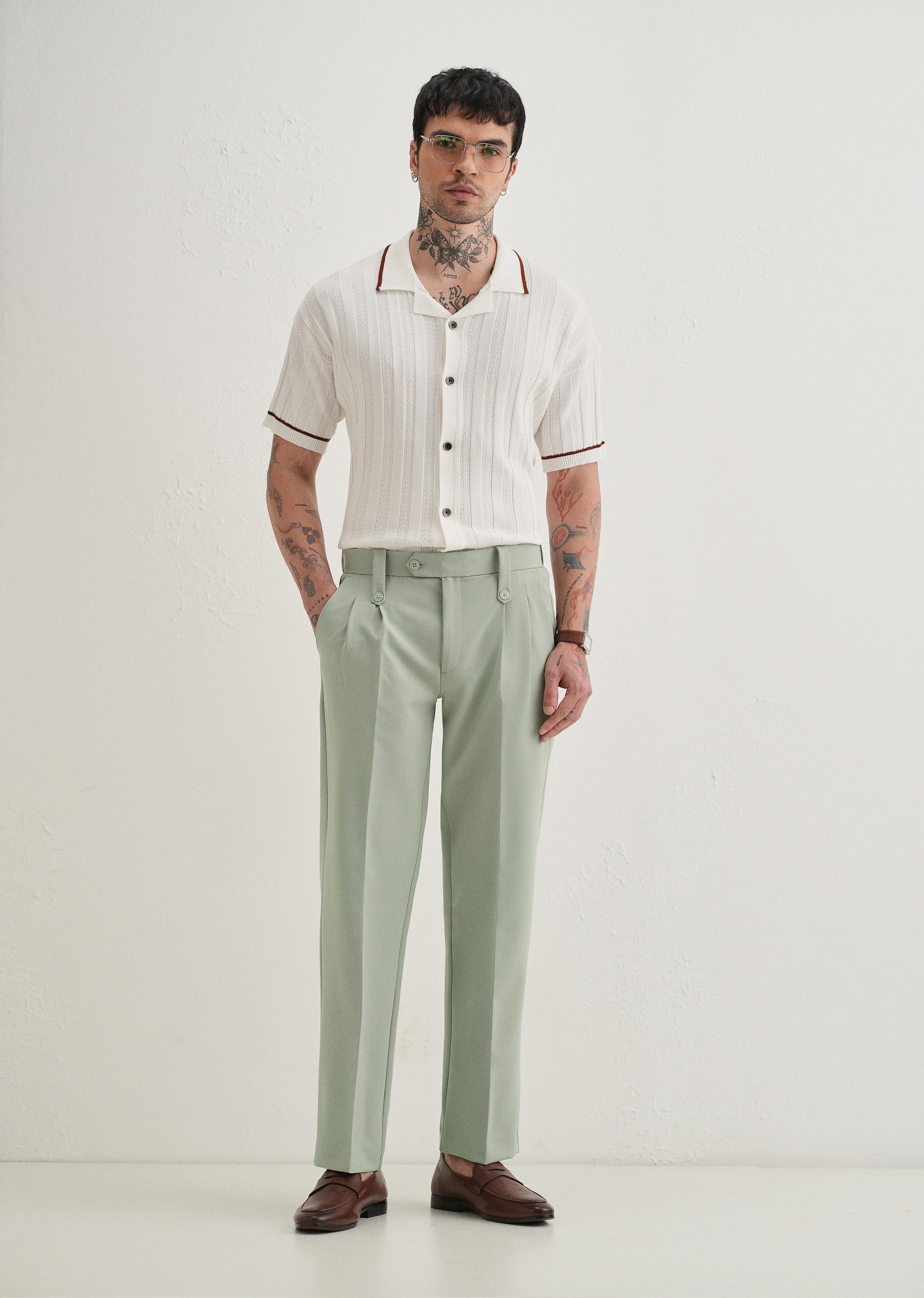 Pistachio Green Button-Tab Pleat Trouser
