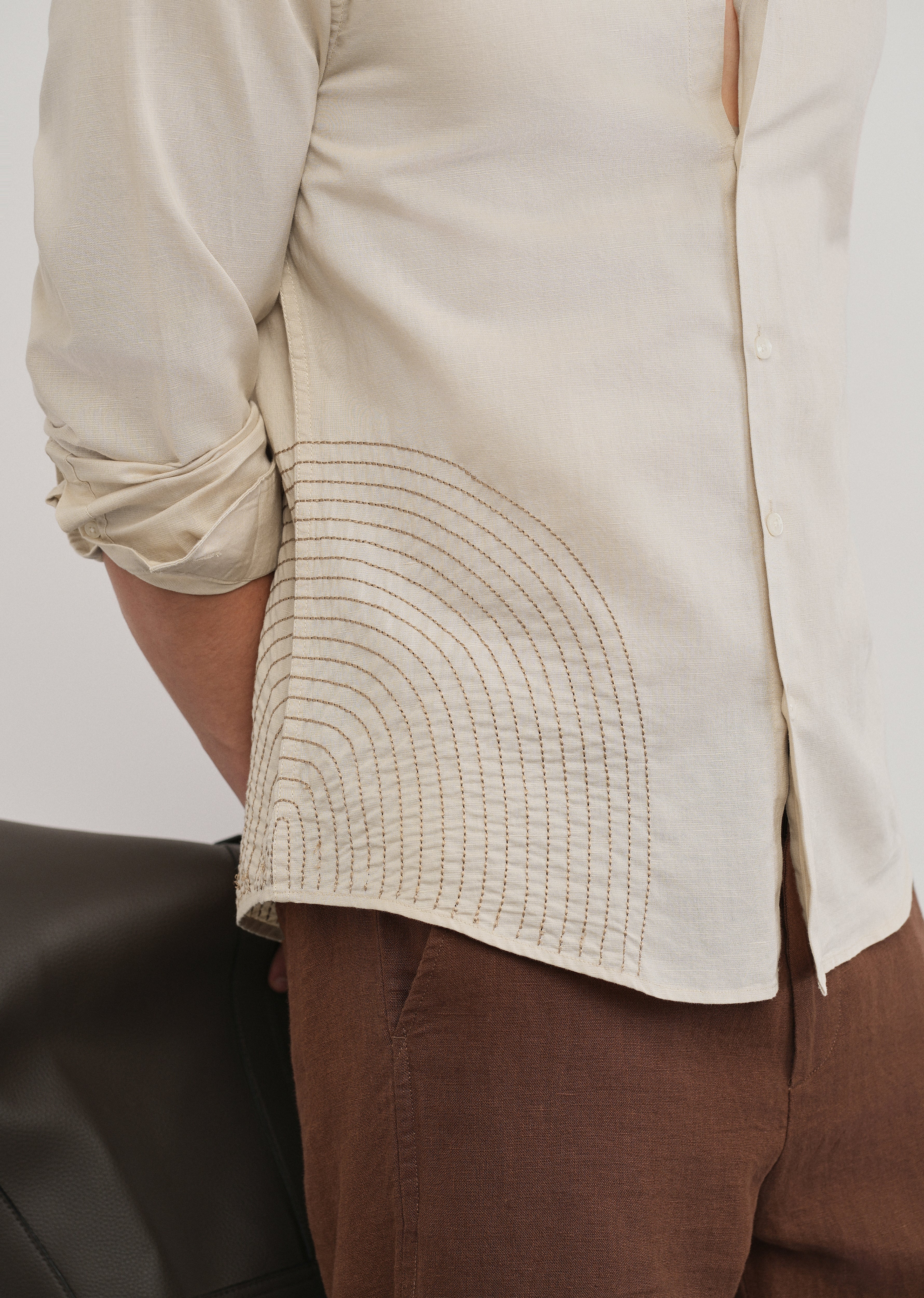 Placement Embroidered Beige Shirt