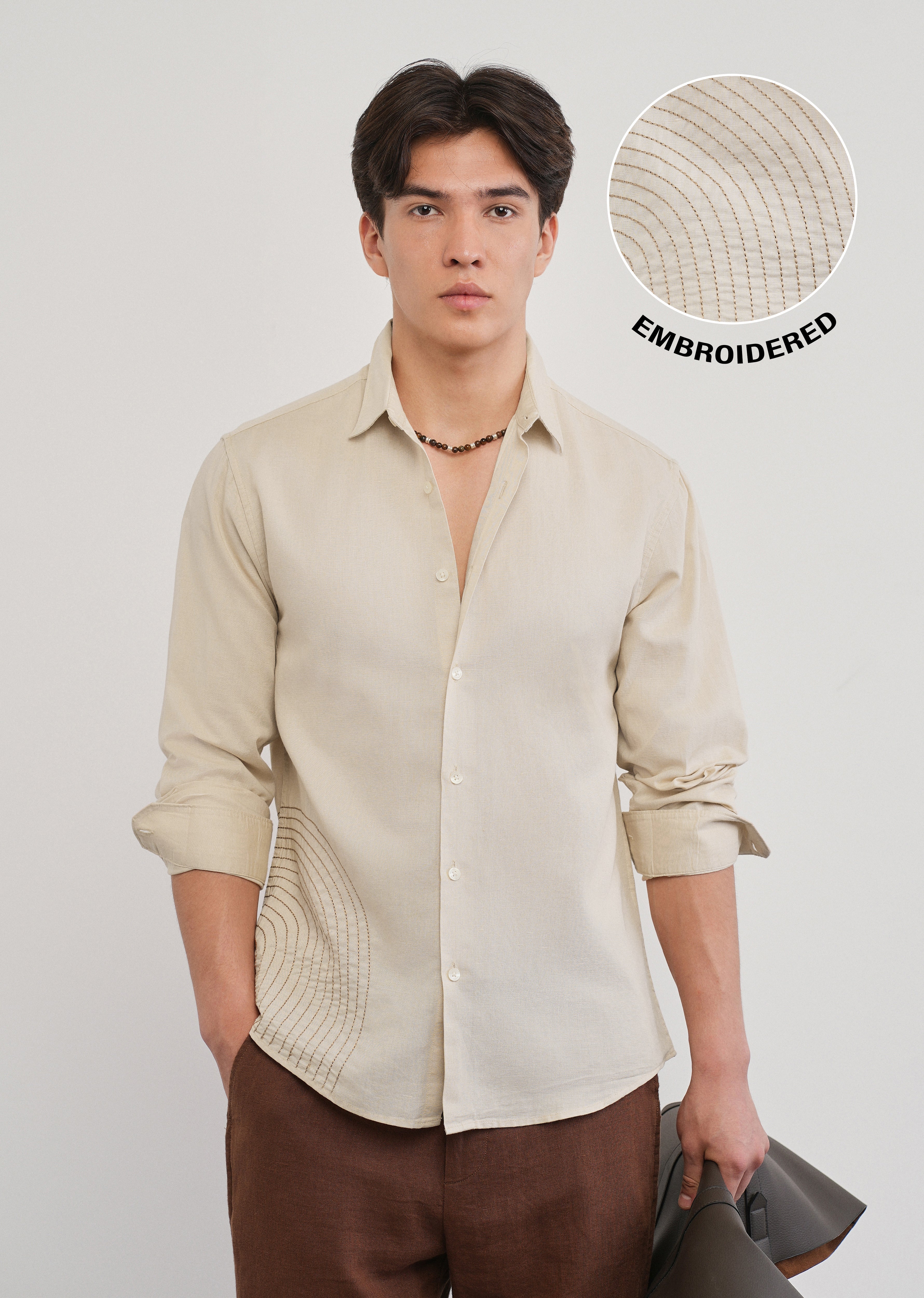 Placement Embroidered Beige Shirt
