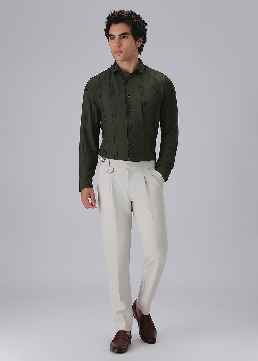 Pintucked Green Plain Shirt