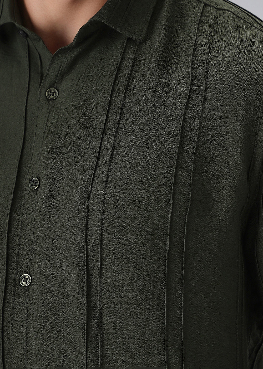 Pintucked Green Plain Shirt