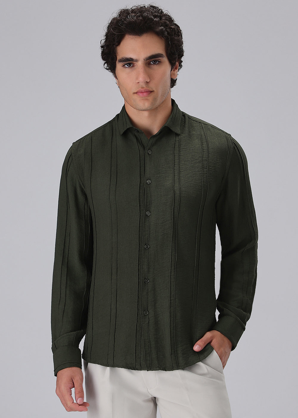 Pintucked Green Plain Shirt