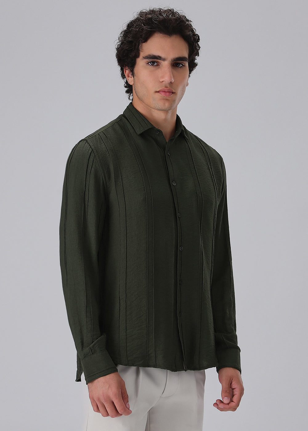 Pintucked Green Plain Shirt