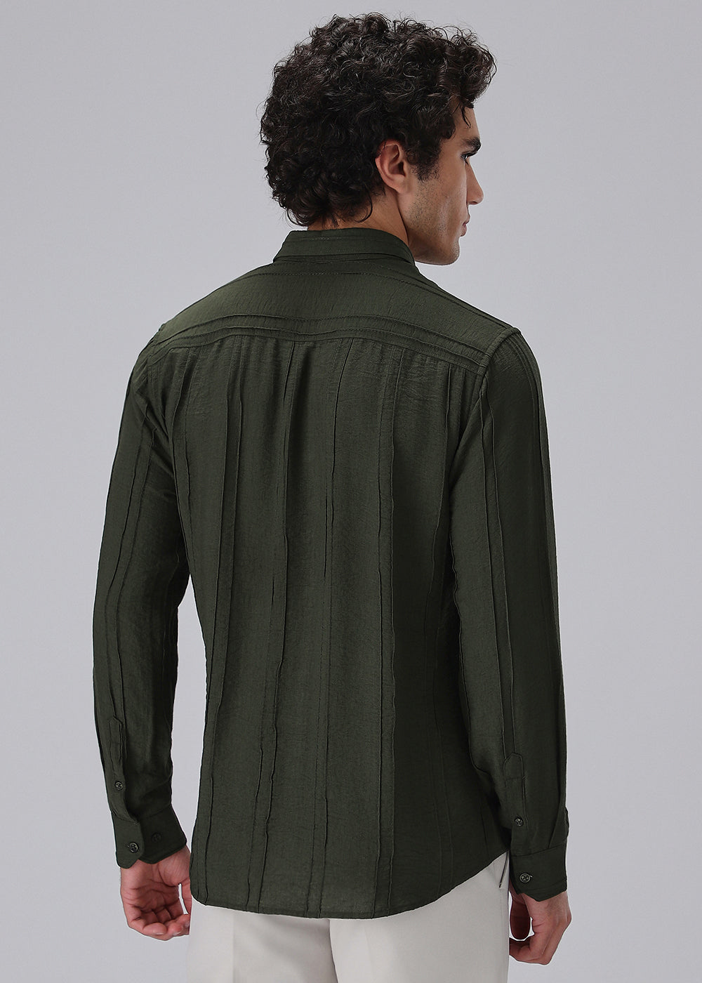 Pintucked Green Plain Shirt