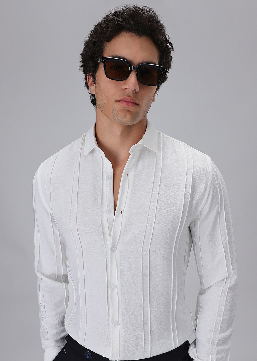 Pintucked White Plain Shirt