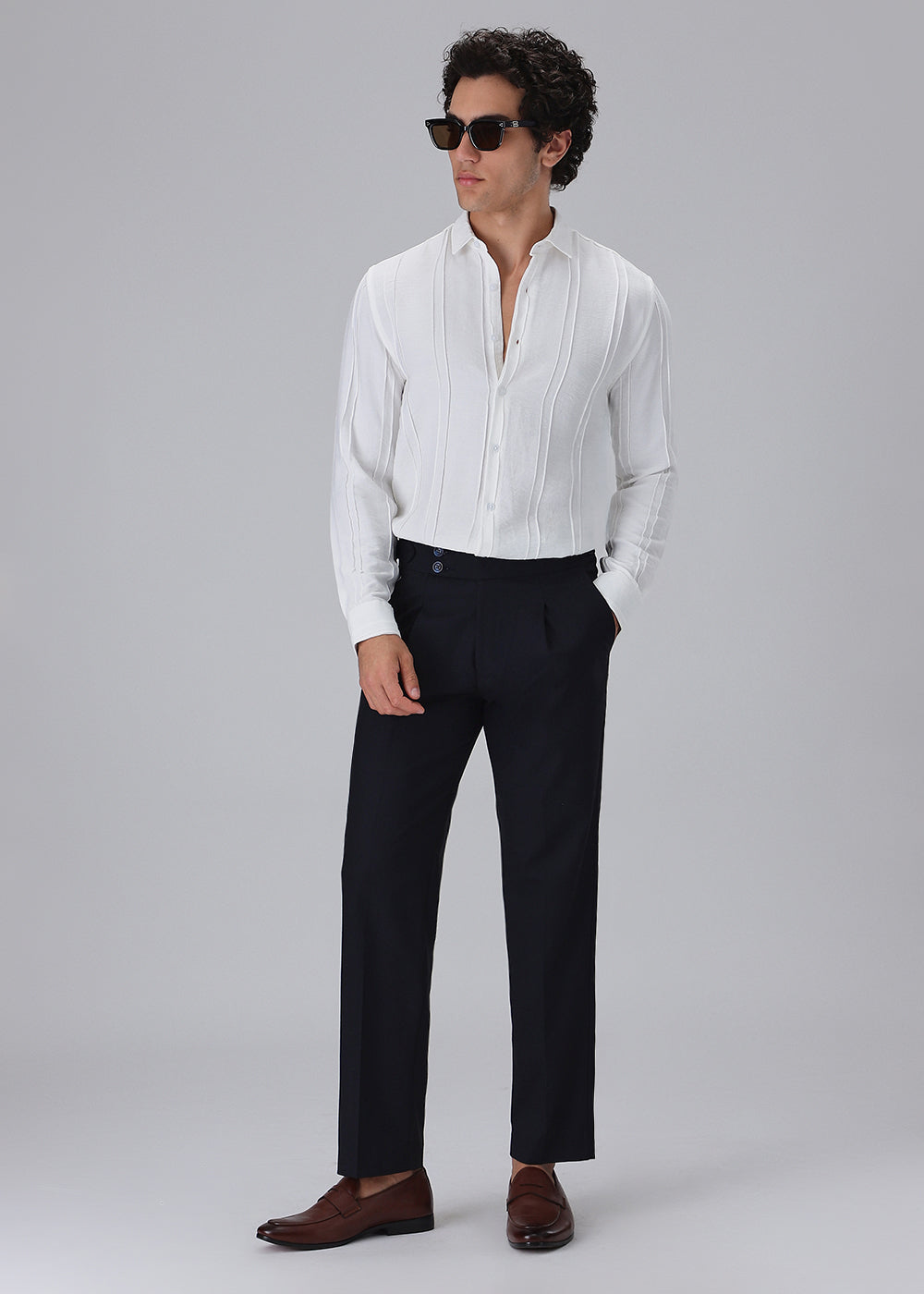 Pintucked White Plain Shirt