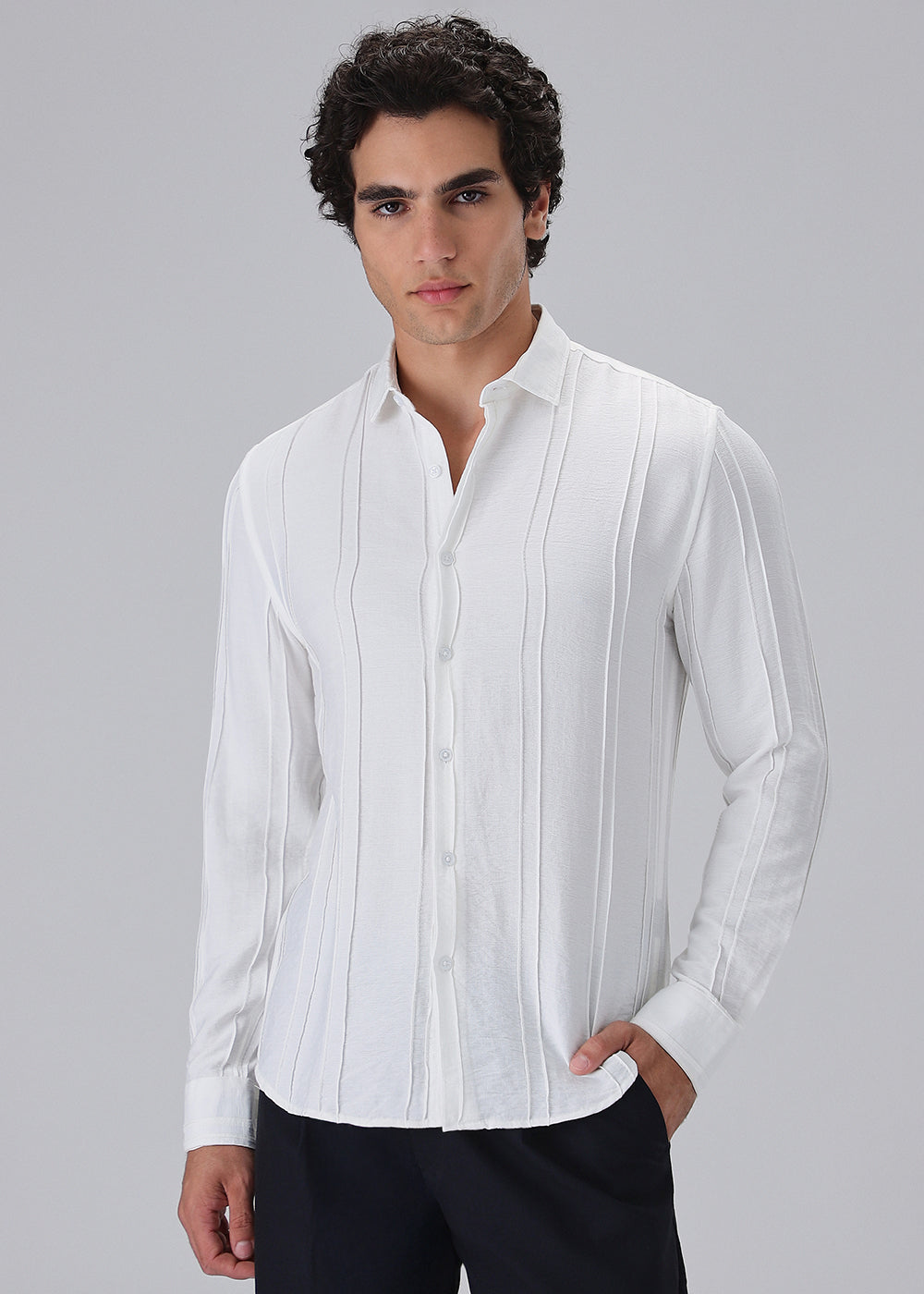 Pintucked White Plain Shirt