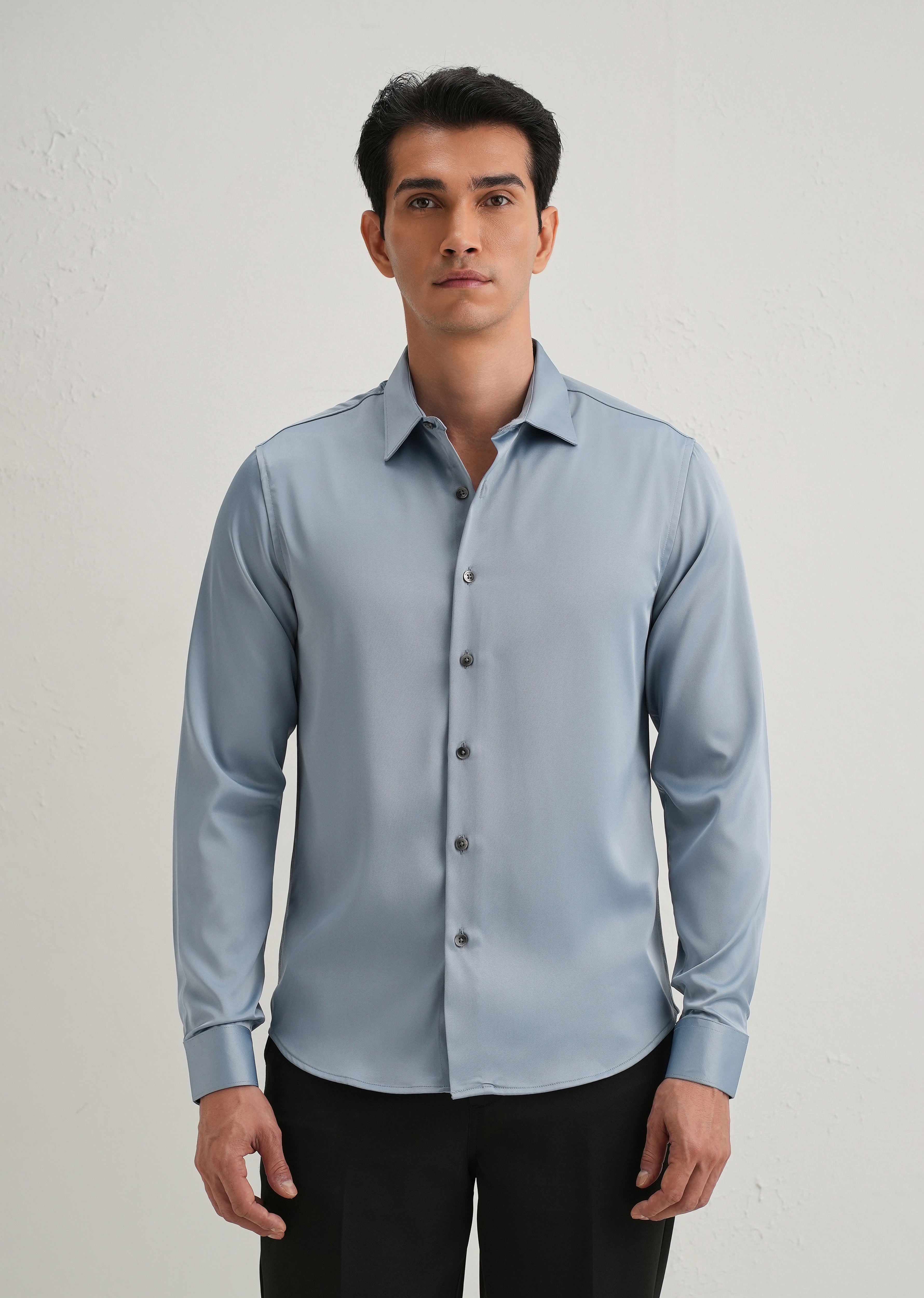 Powder Blue Satin-Finish Plain Shirt