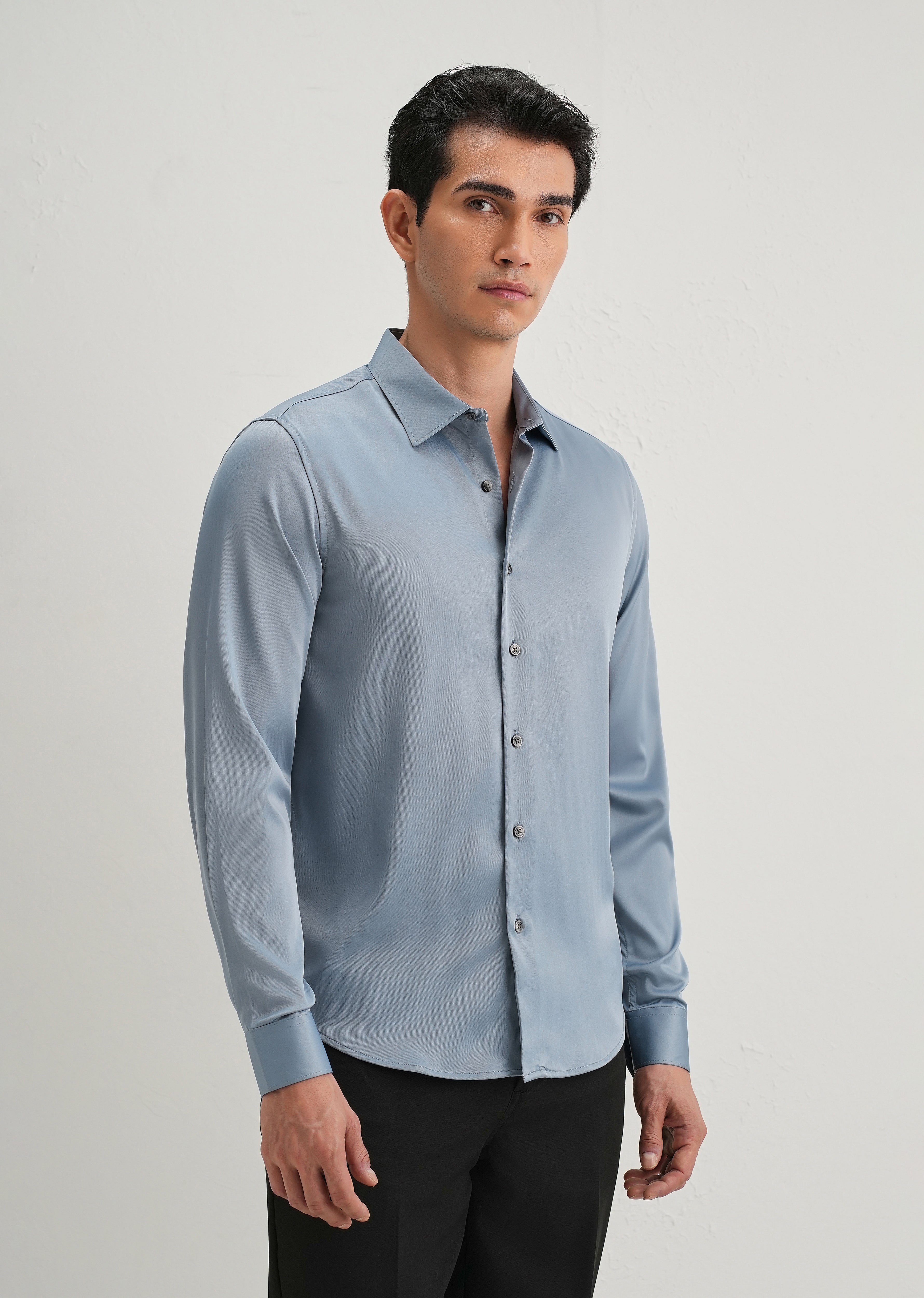 Powder Blue Satin-Finish Plain Shirt
