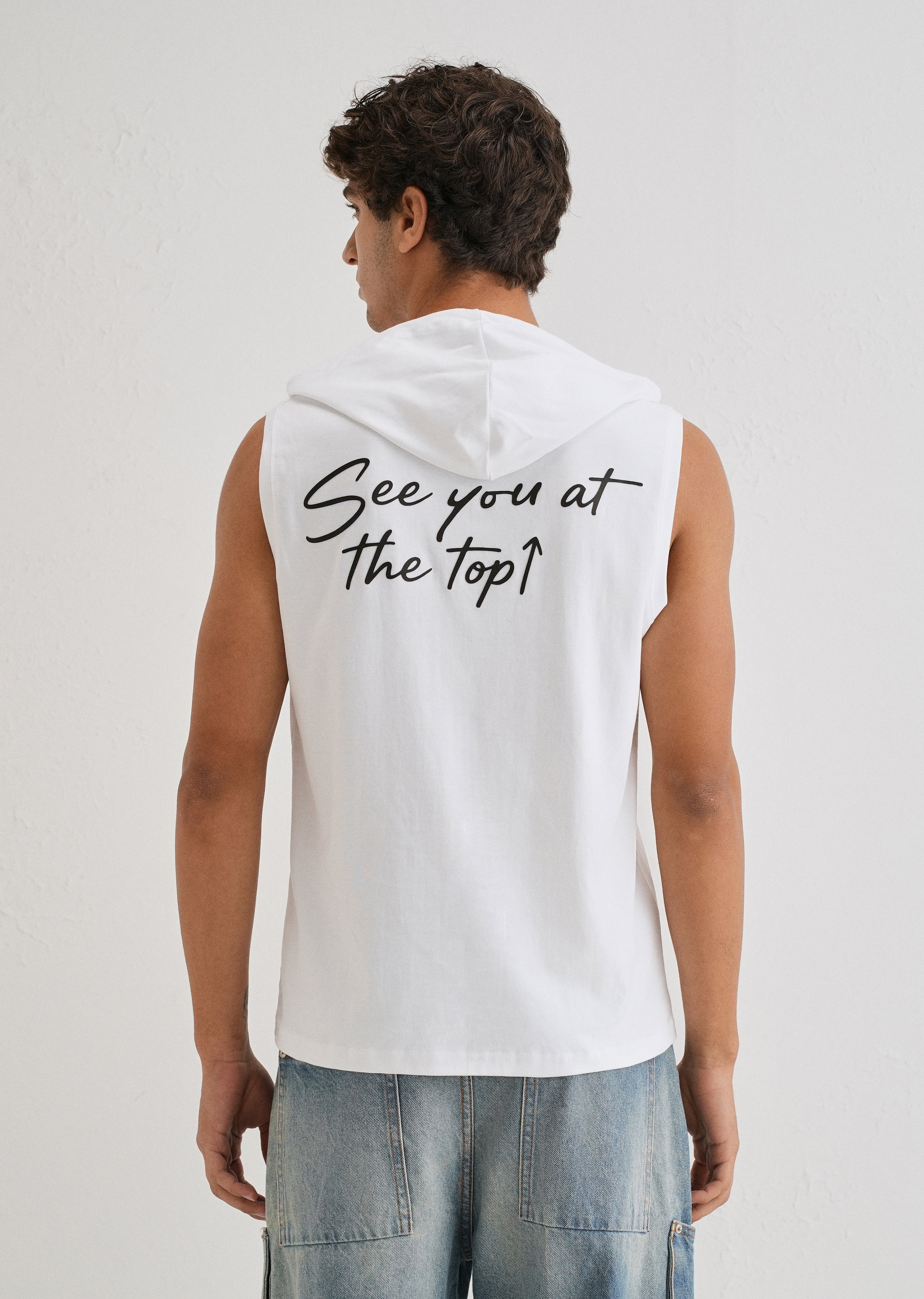 Pure White Typography Printed Hoodie Tank