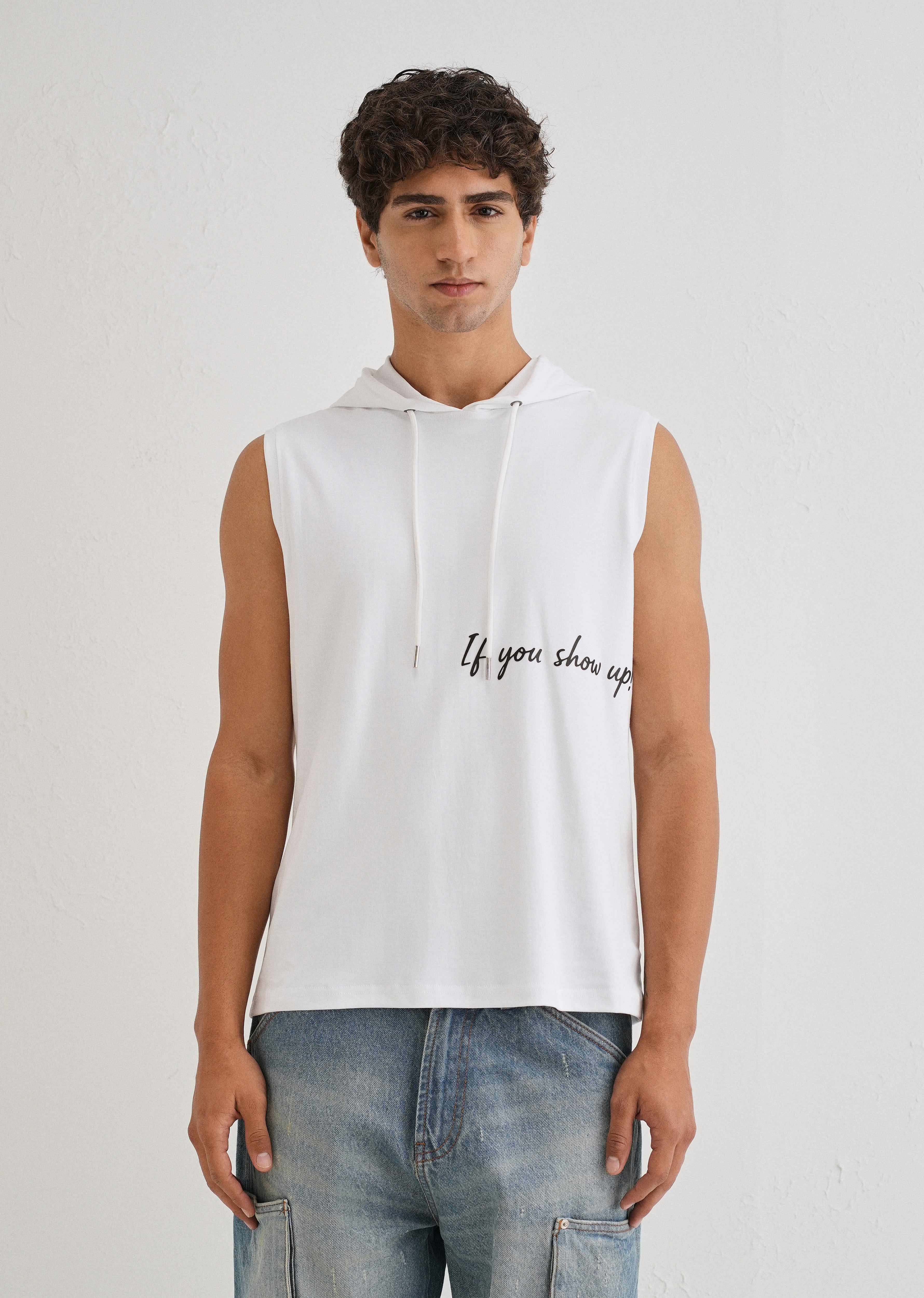Pure White Typography Printed Hoodie Tank
