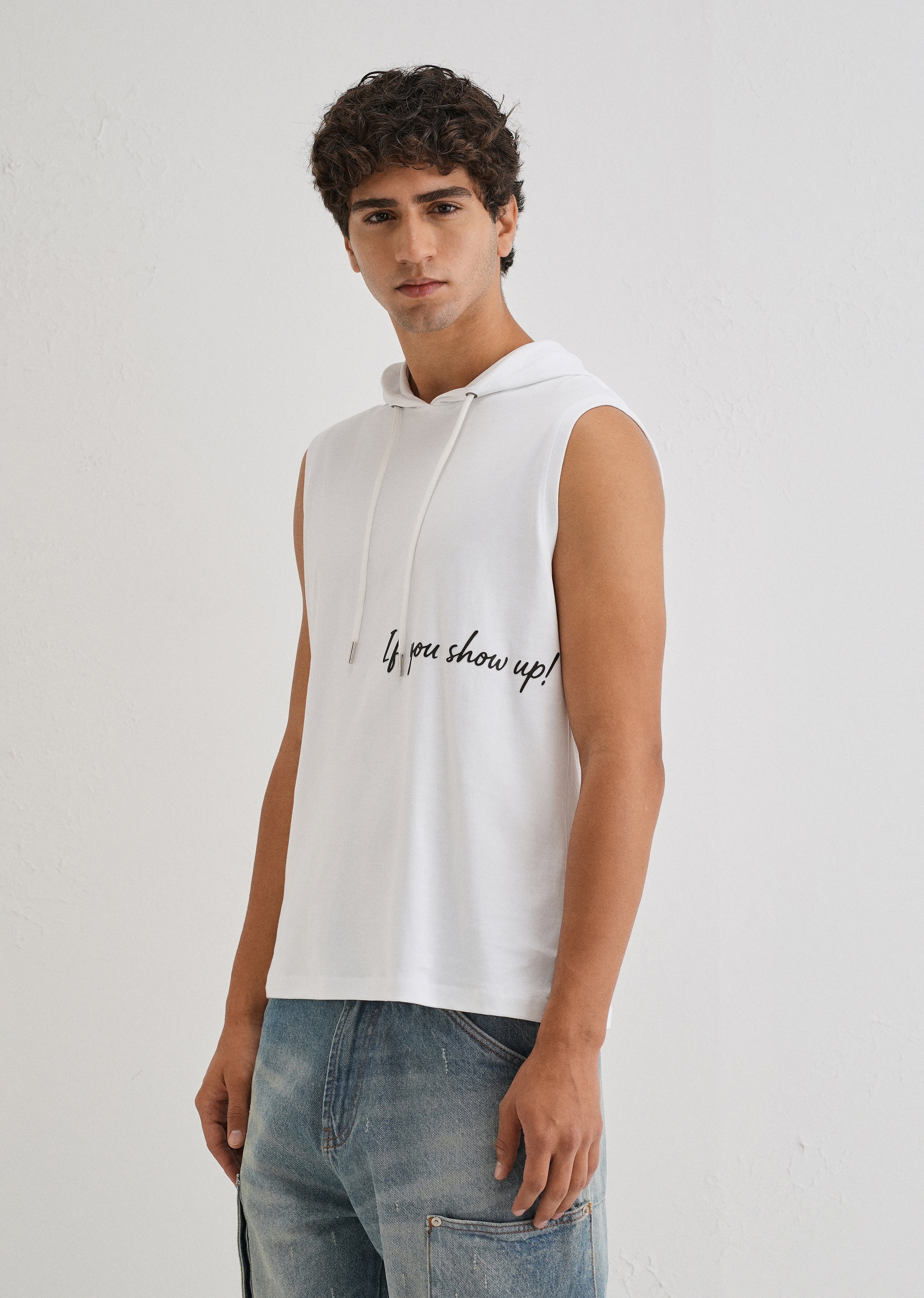 Pure White Typography Printed Hoodie Tank