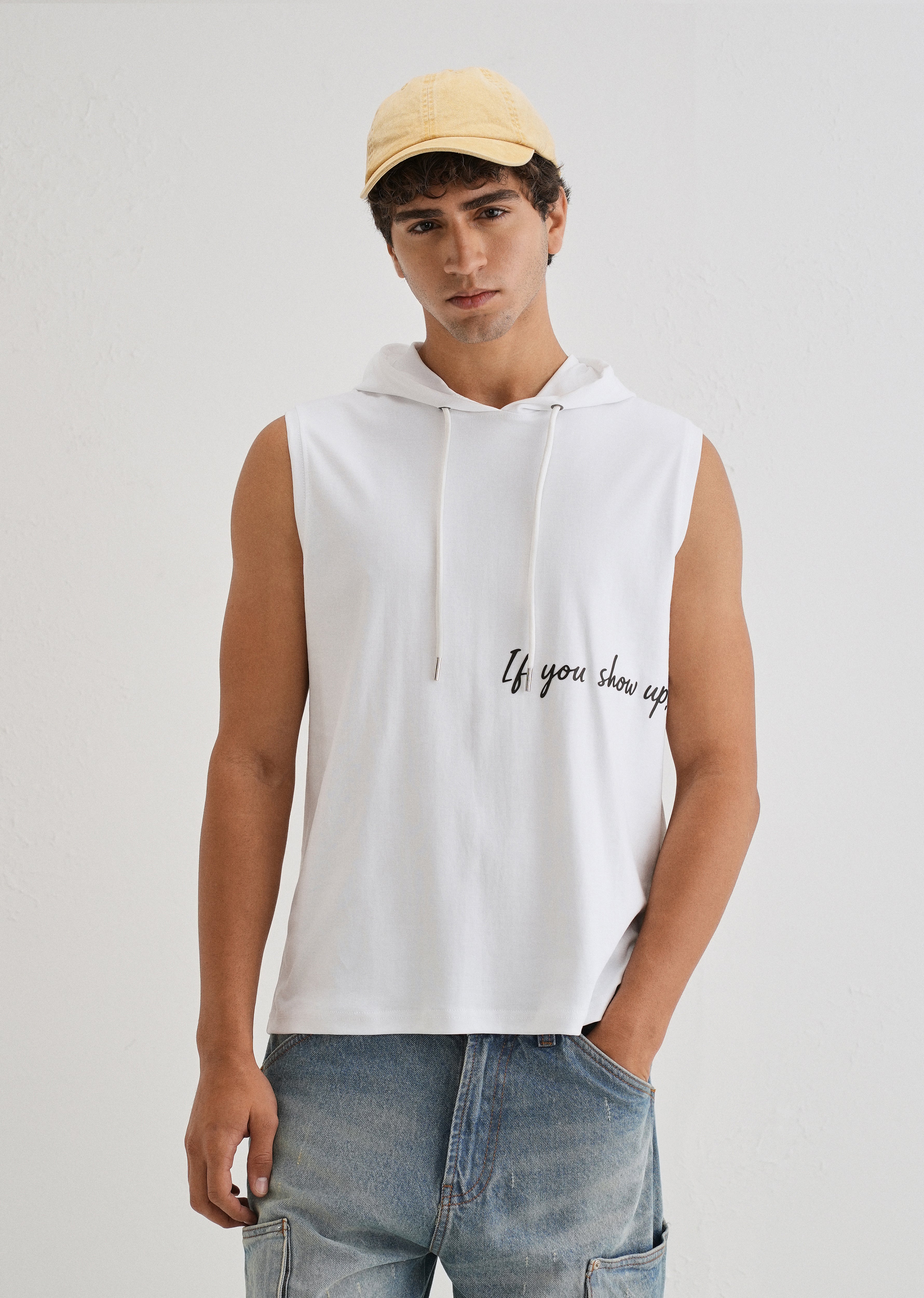 Pure White Typography Printed Hoodie Tank