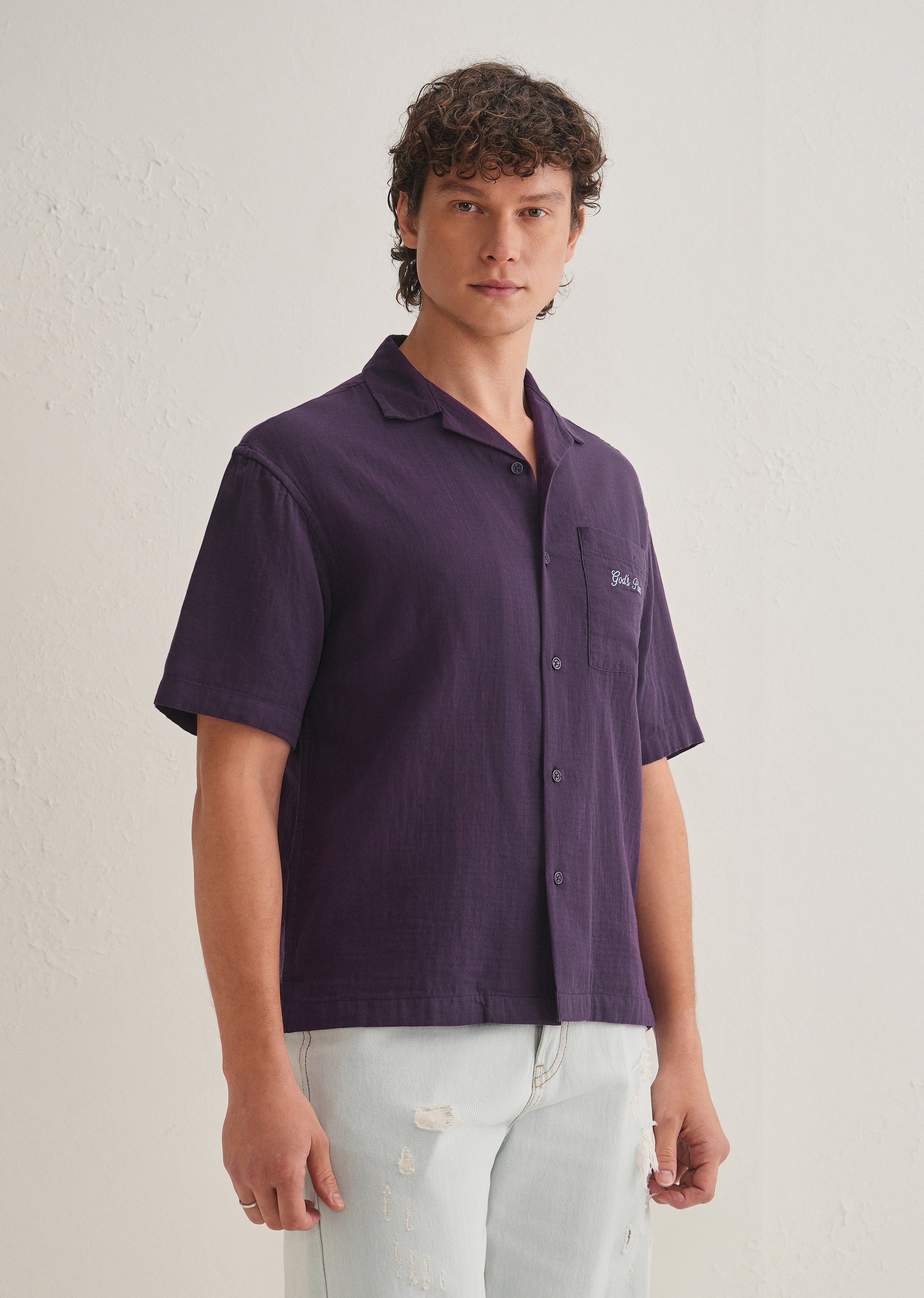 Purple Embroidered Double Cloth Cotton Shirt