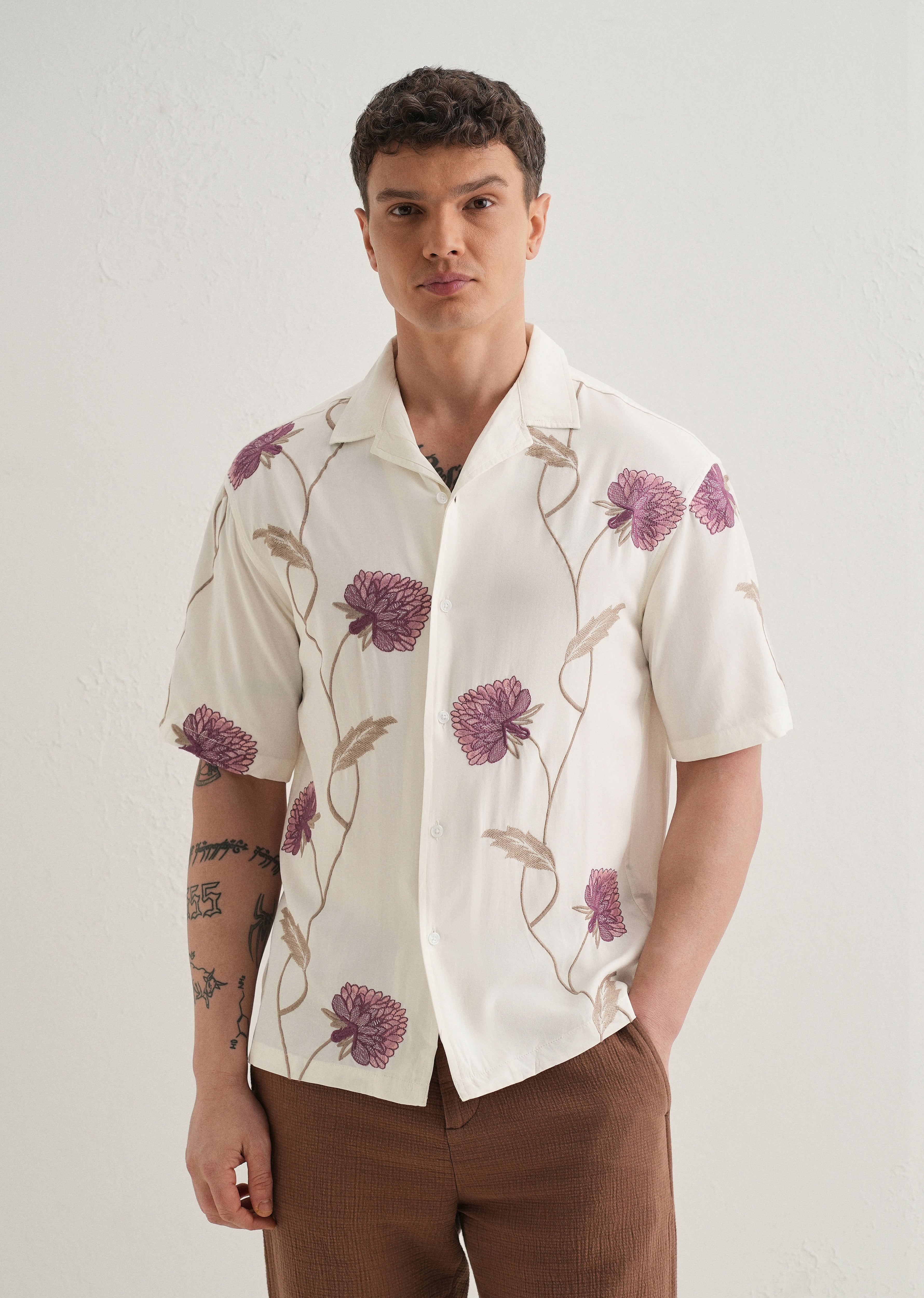 Purple Floral Front Embroidery Shirt