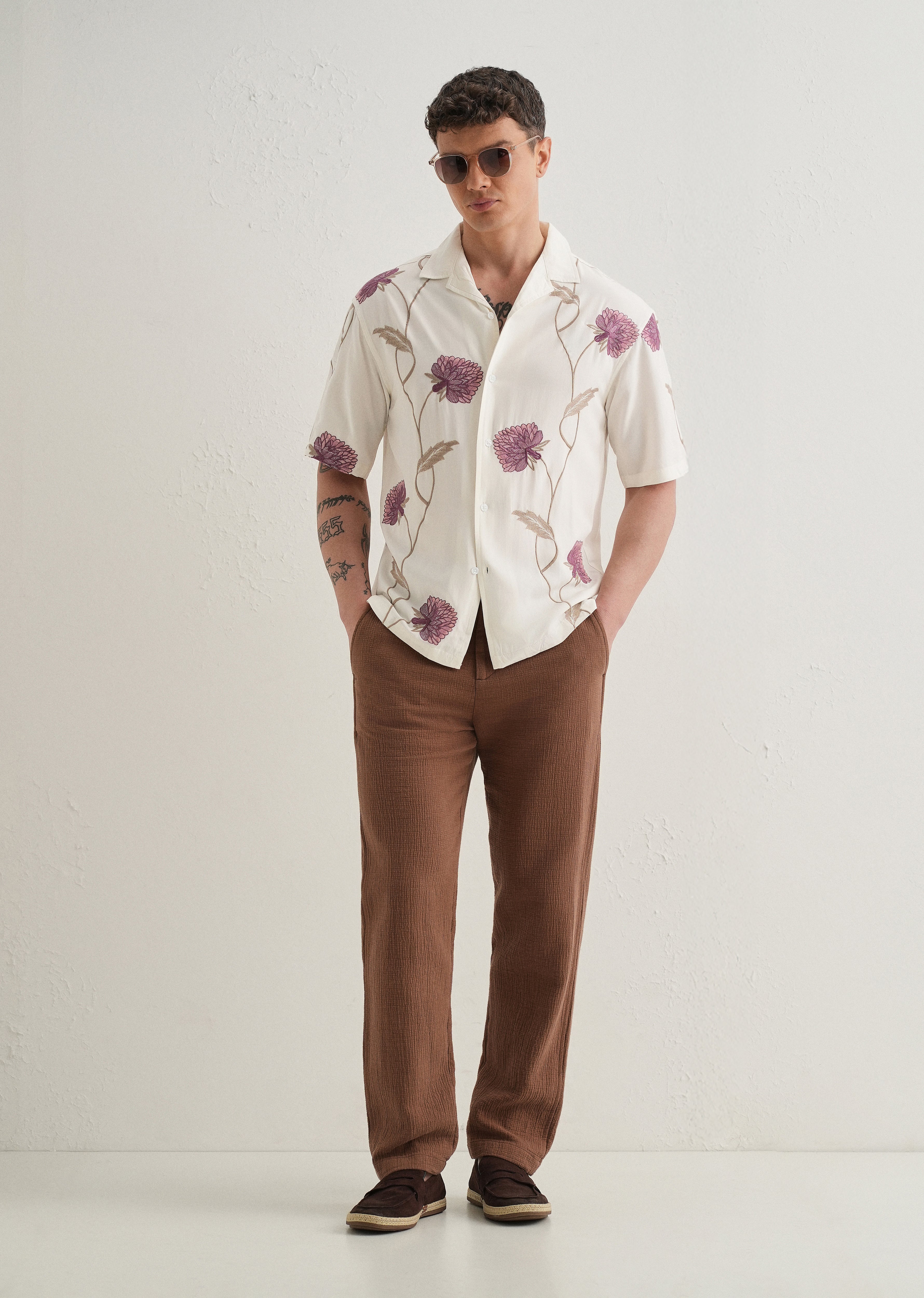 Purple Floral Front Embroidery Shirt