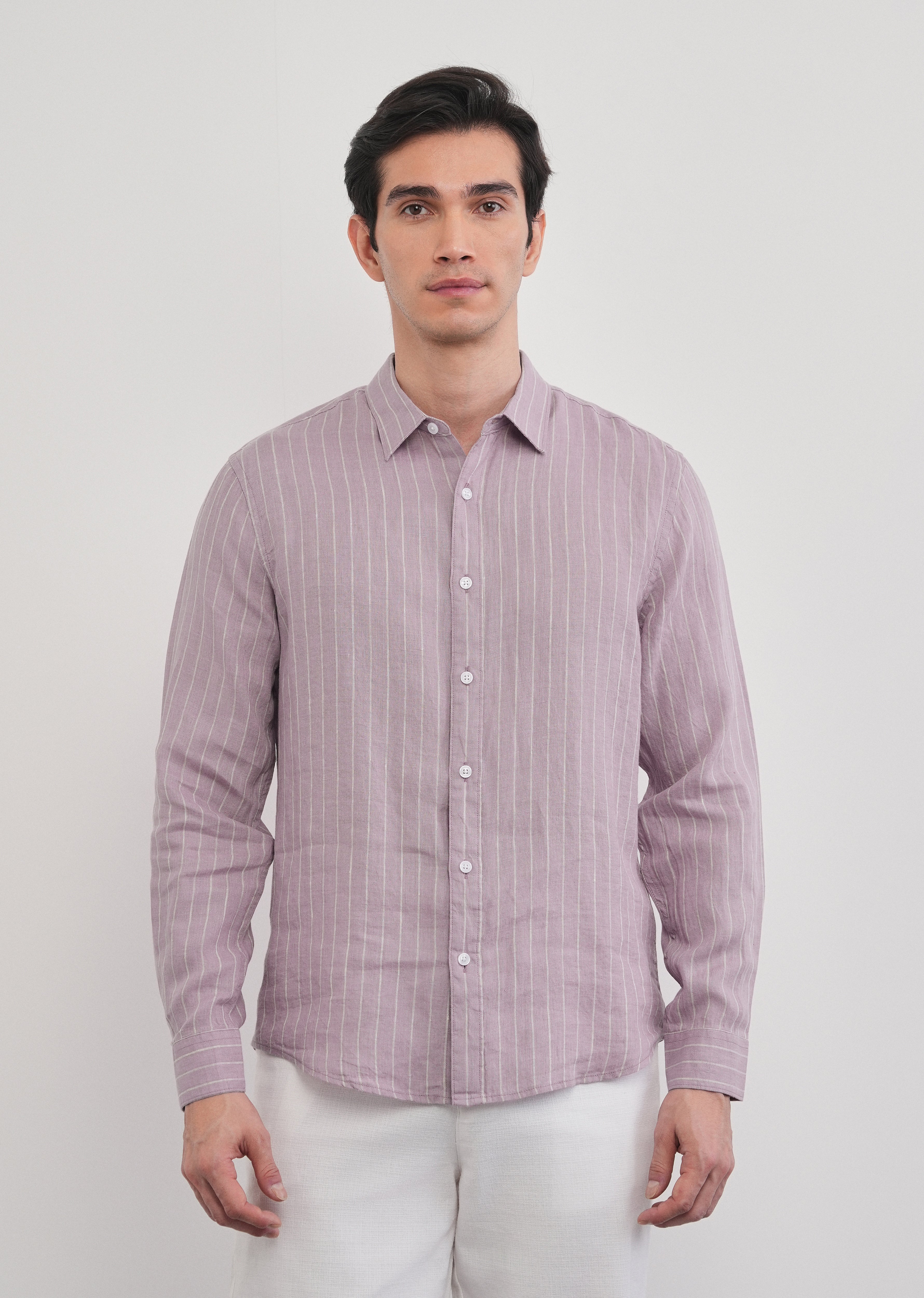100% Linen Purple Vertical Stripe Shirt