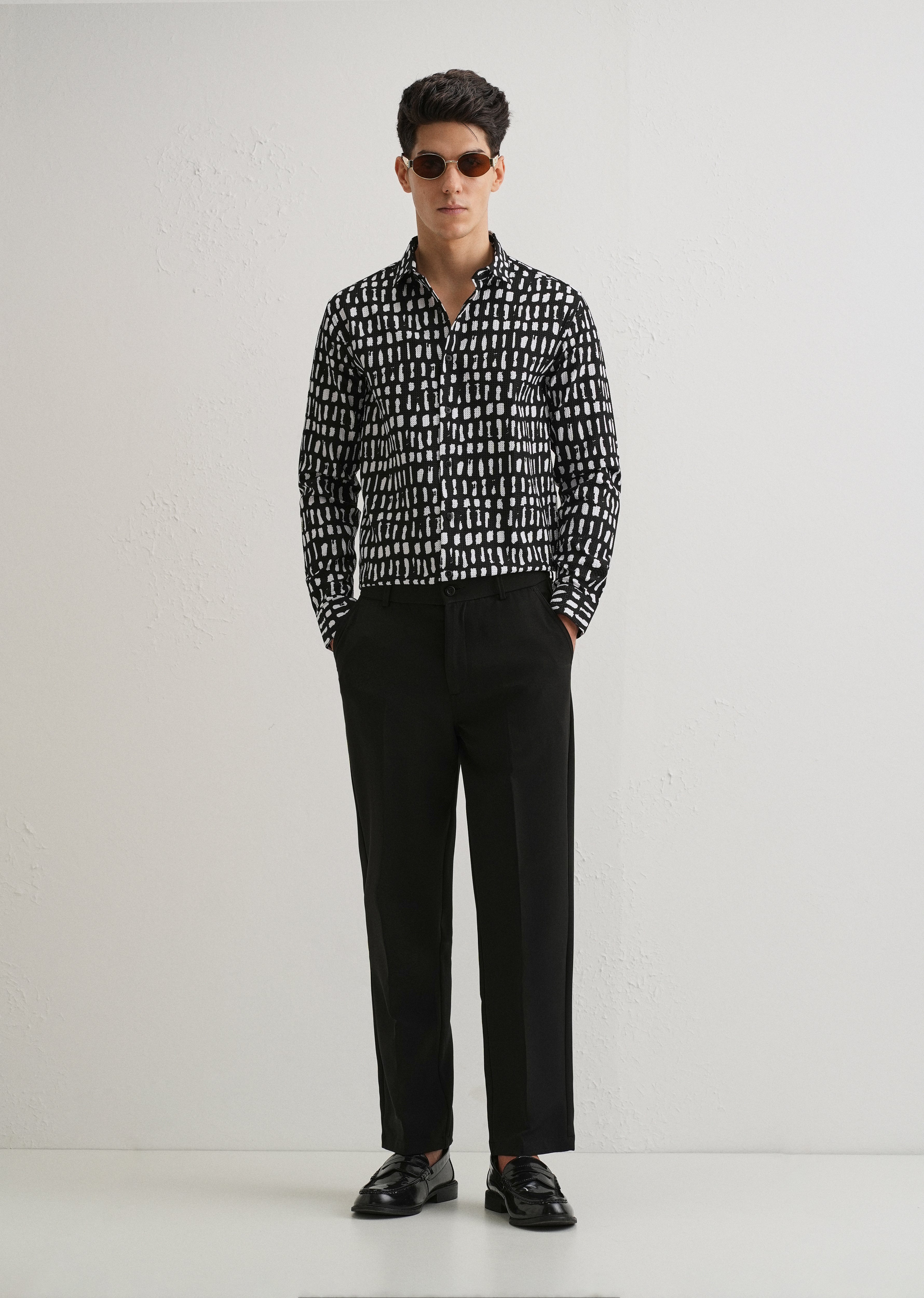 Rectangular Brushed Waffle Dobby Black Shirt