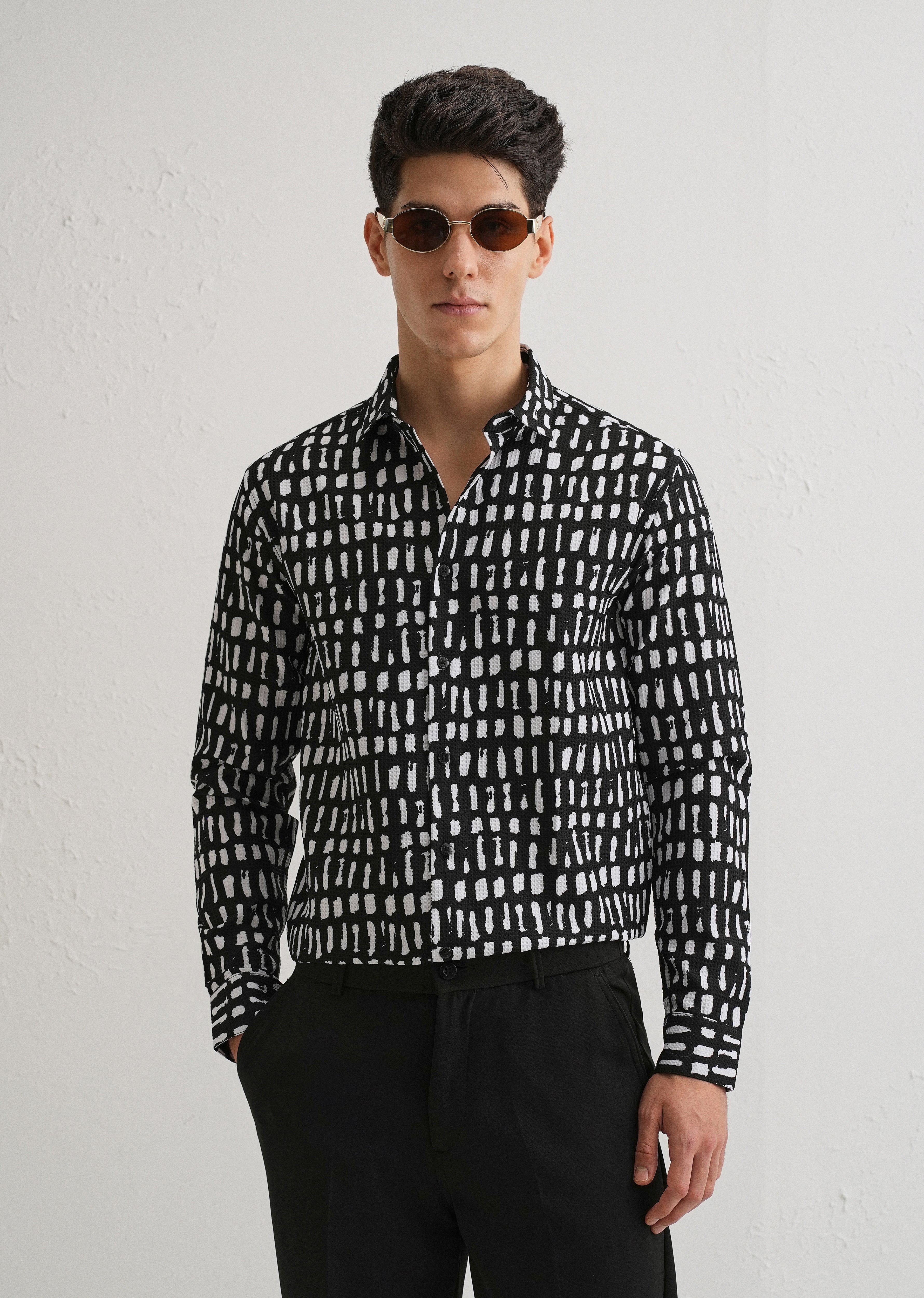 Rectangular Brushed Waffle Dobby Black Shirt