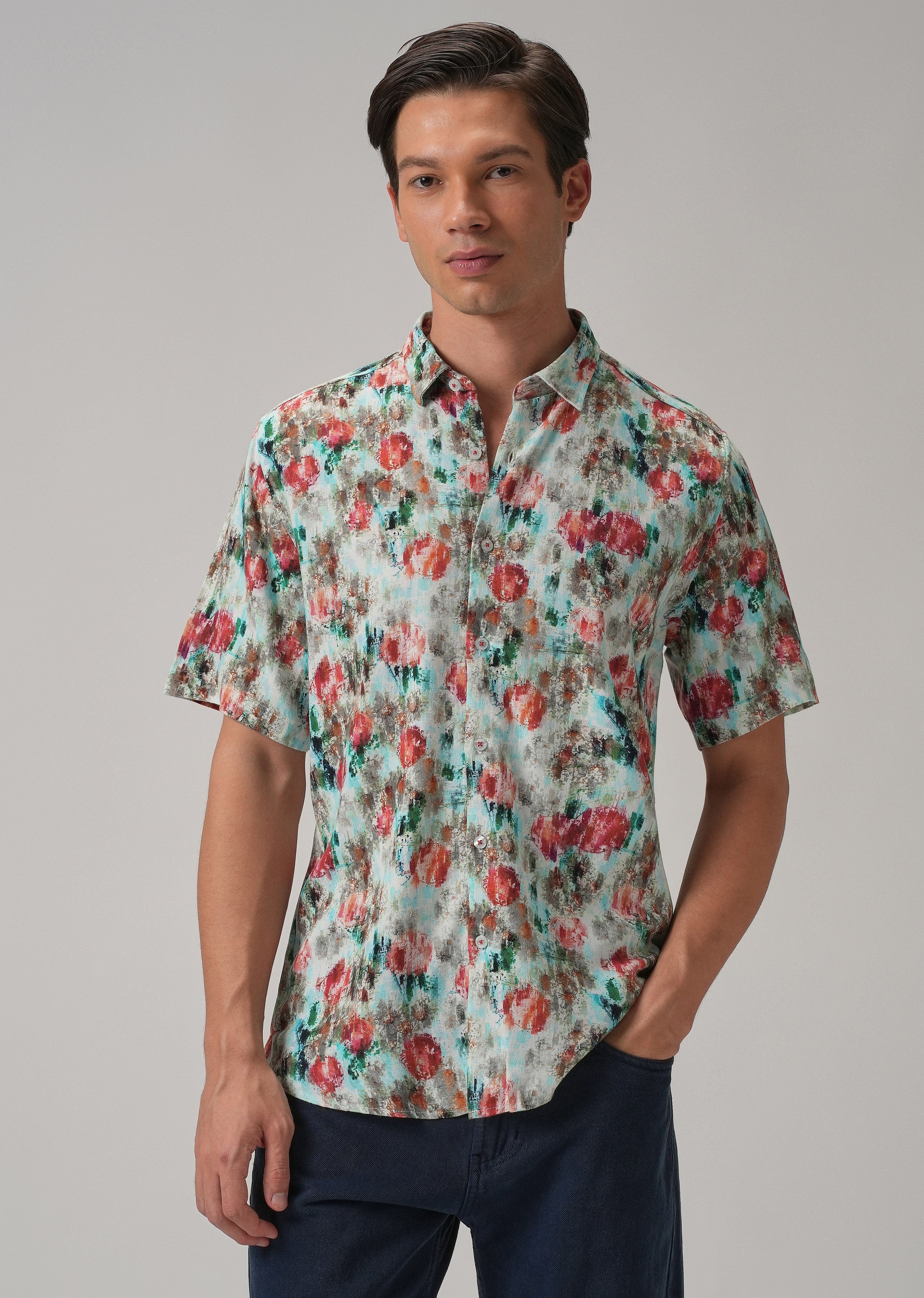 Red Abstract Patch Half Sleeve shirt