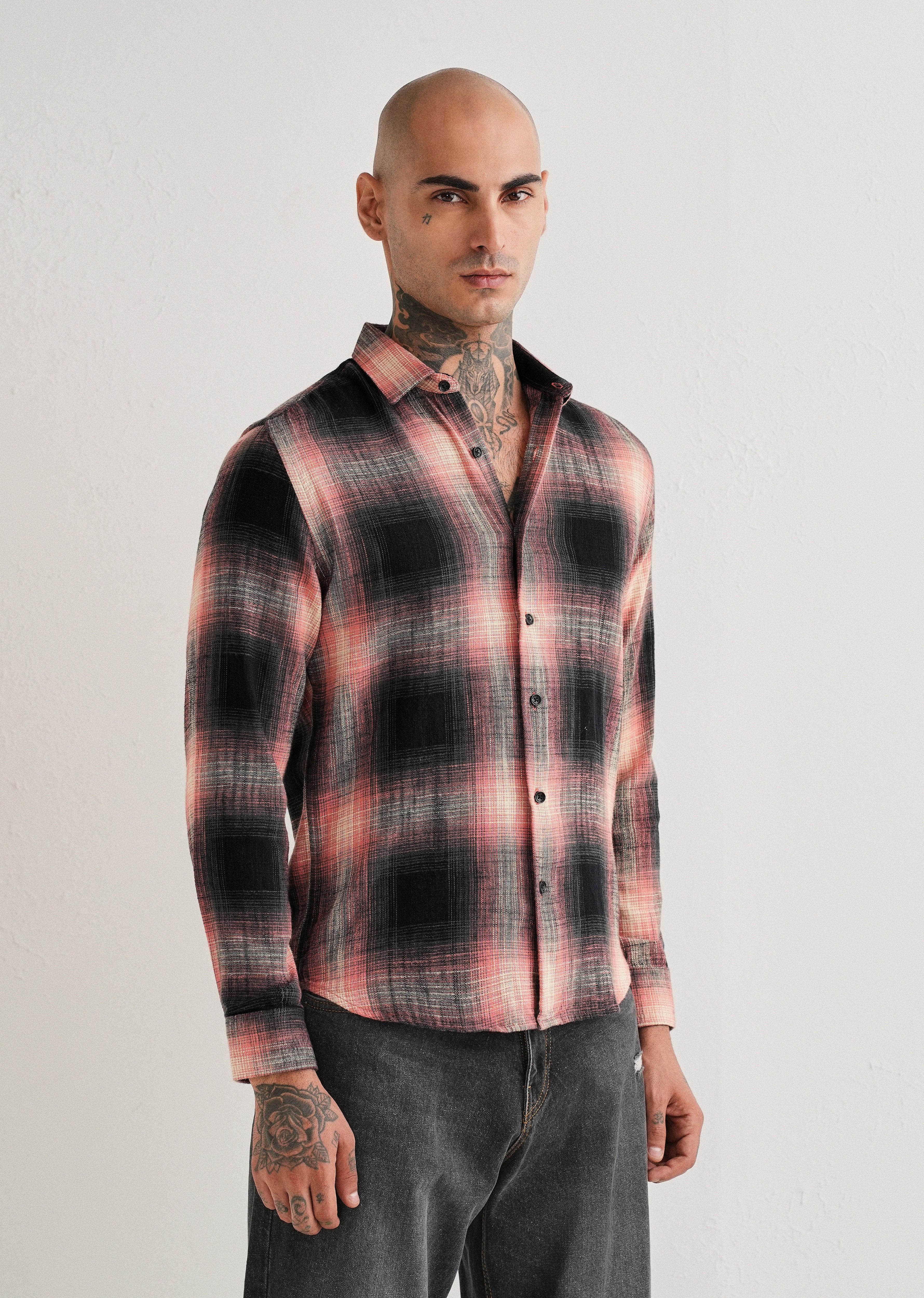 Red Cotton Linen Check Shirt