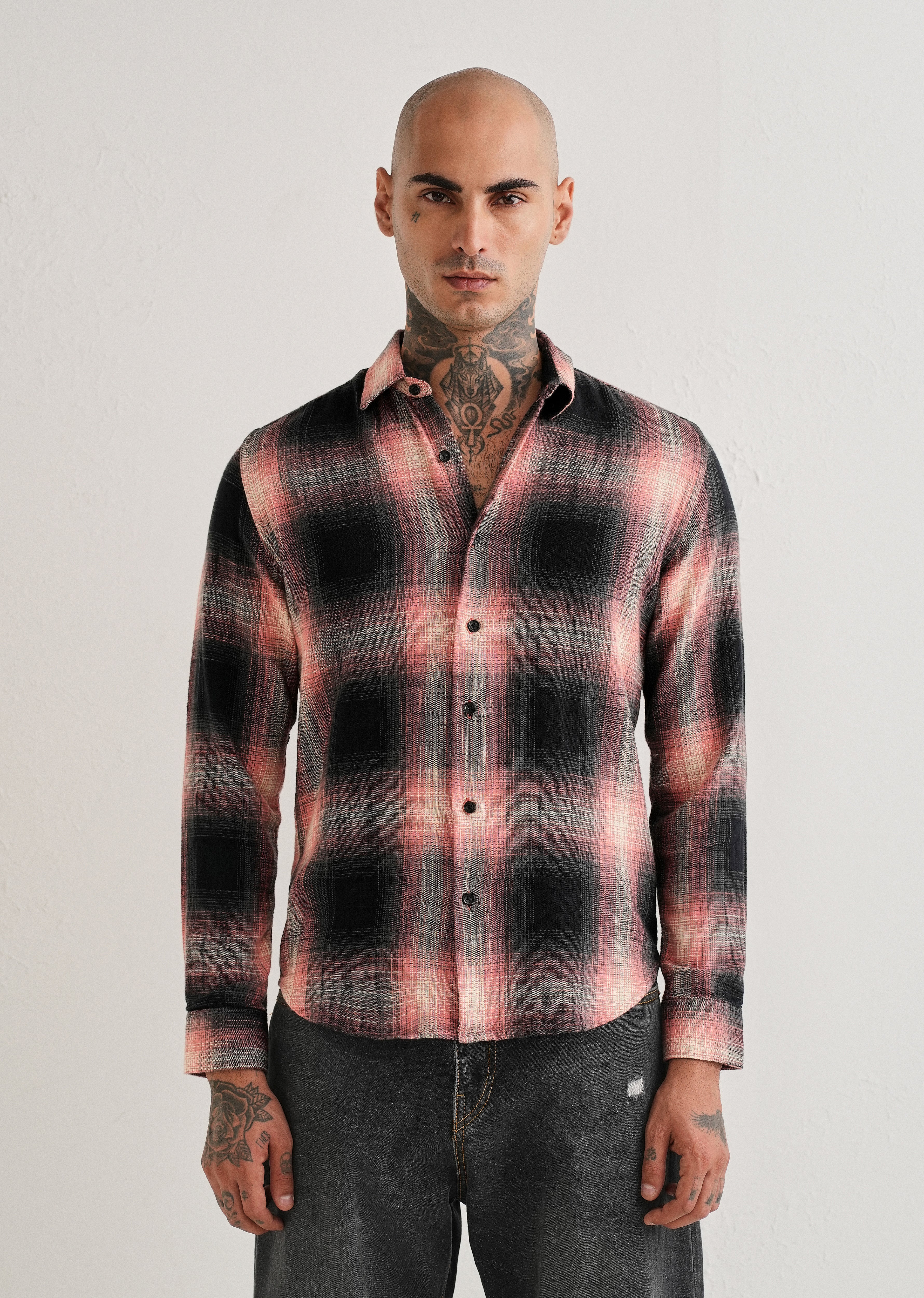 Red Cotton Linen Check Shirt