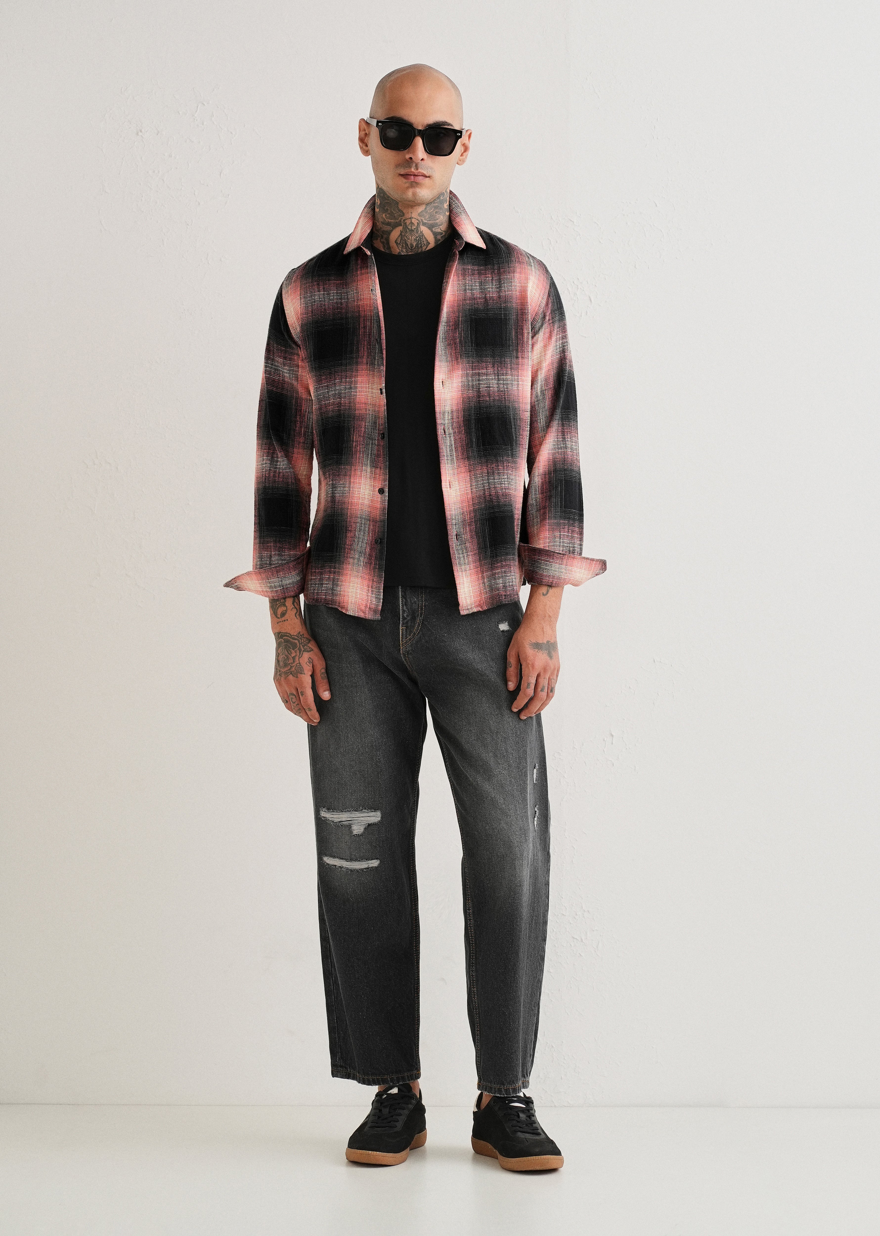 Red Cotton Linen Check Shirt