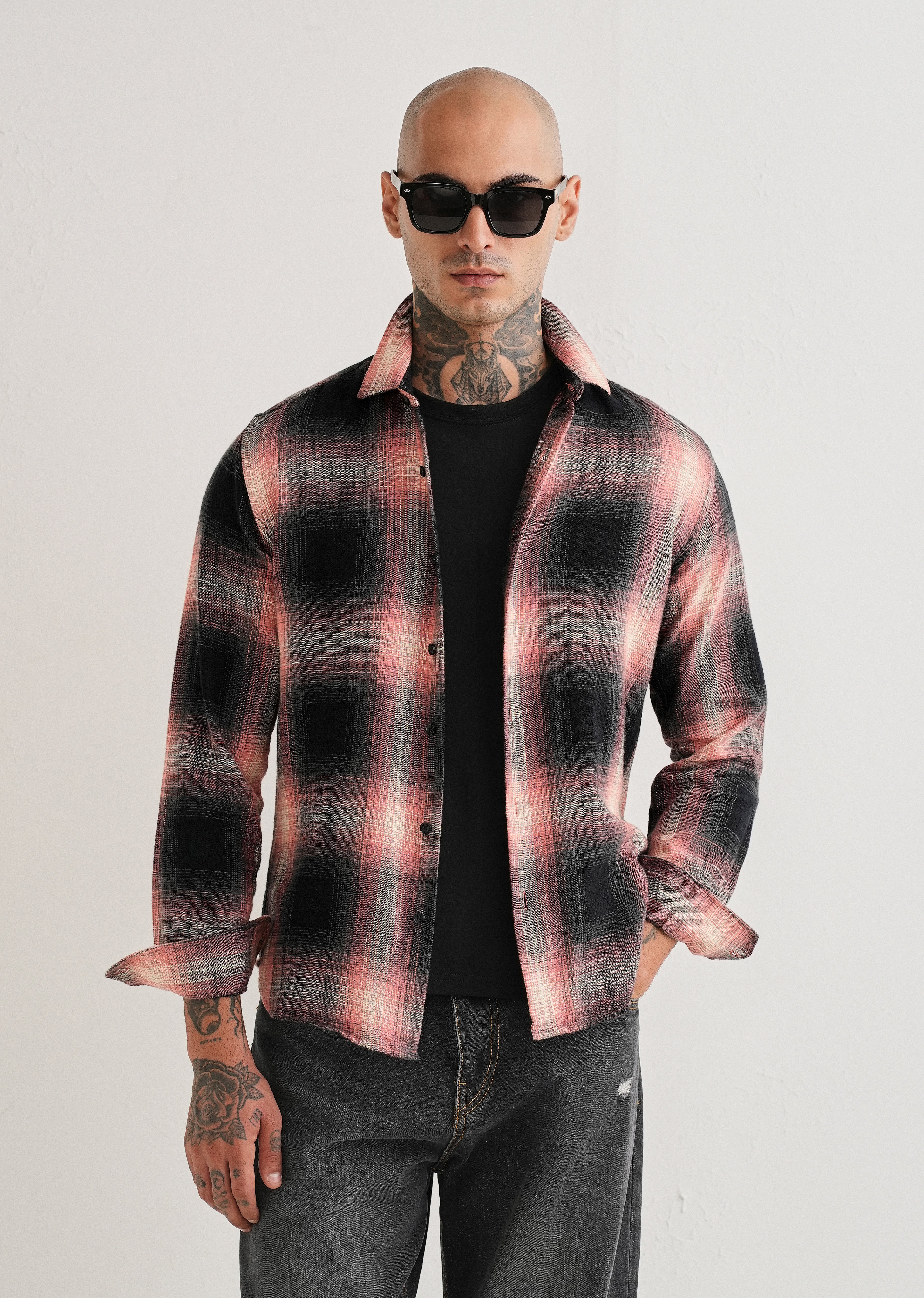 Red Cotton Linen Check Shirt