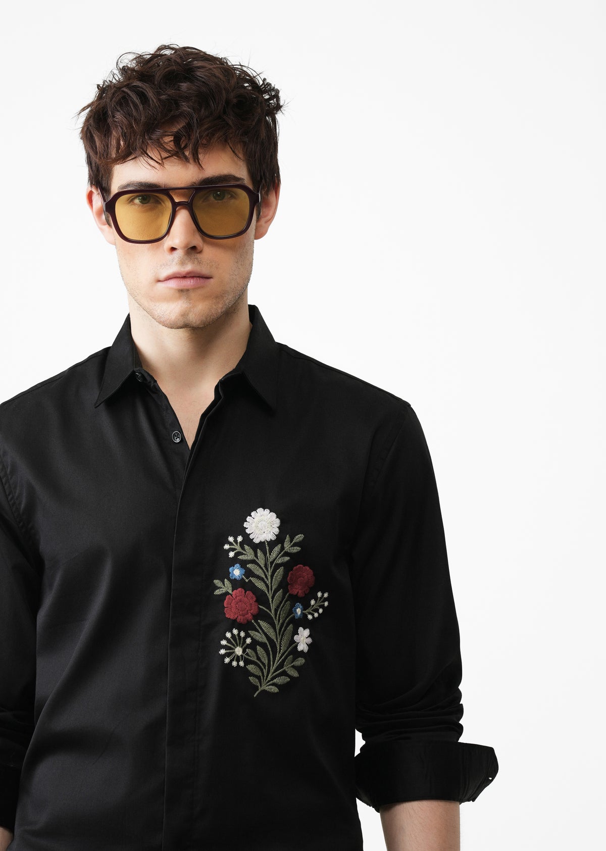 Red Floral Embroidered Black Designer Shirt